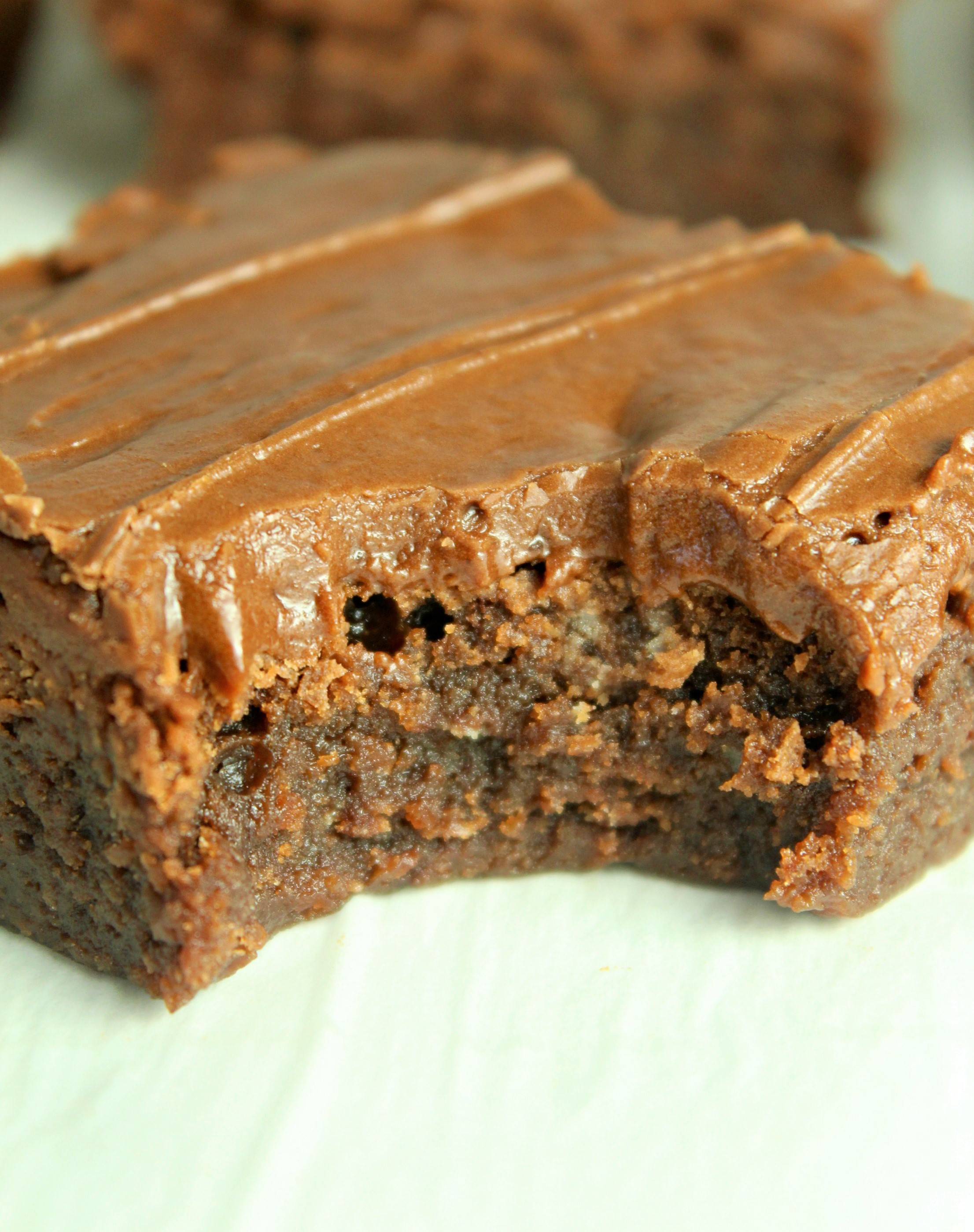 Homemade chocolate frosted lunch lady Brownies with a bite gone