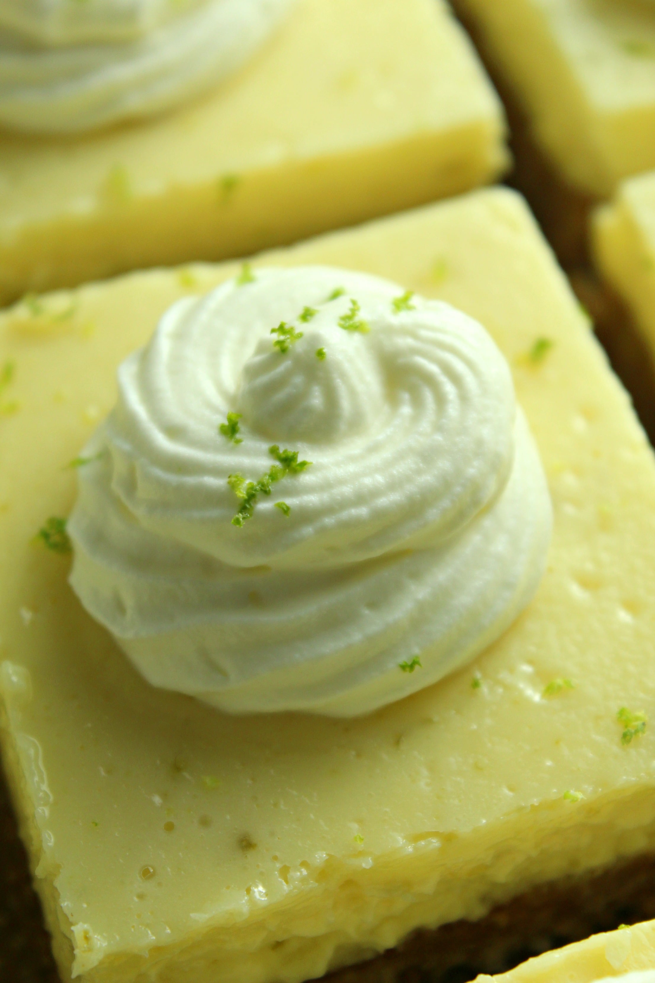 Key Lime Bars with lime whipped cream topped with lime zest close up