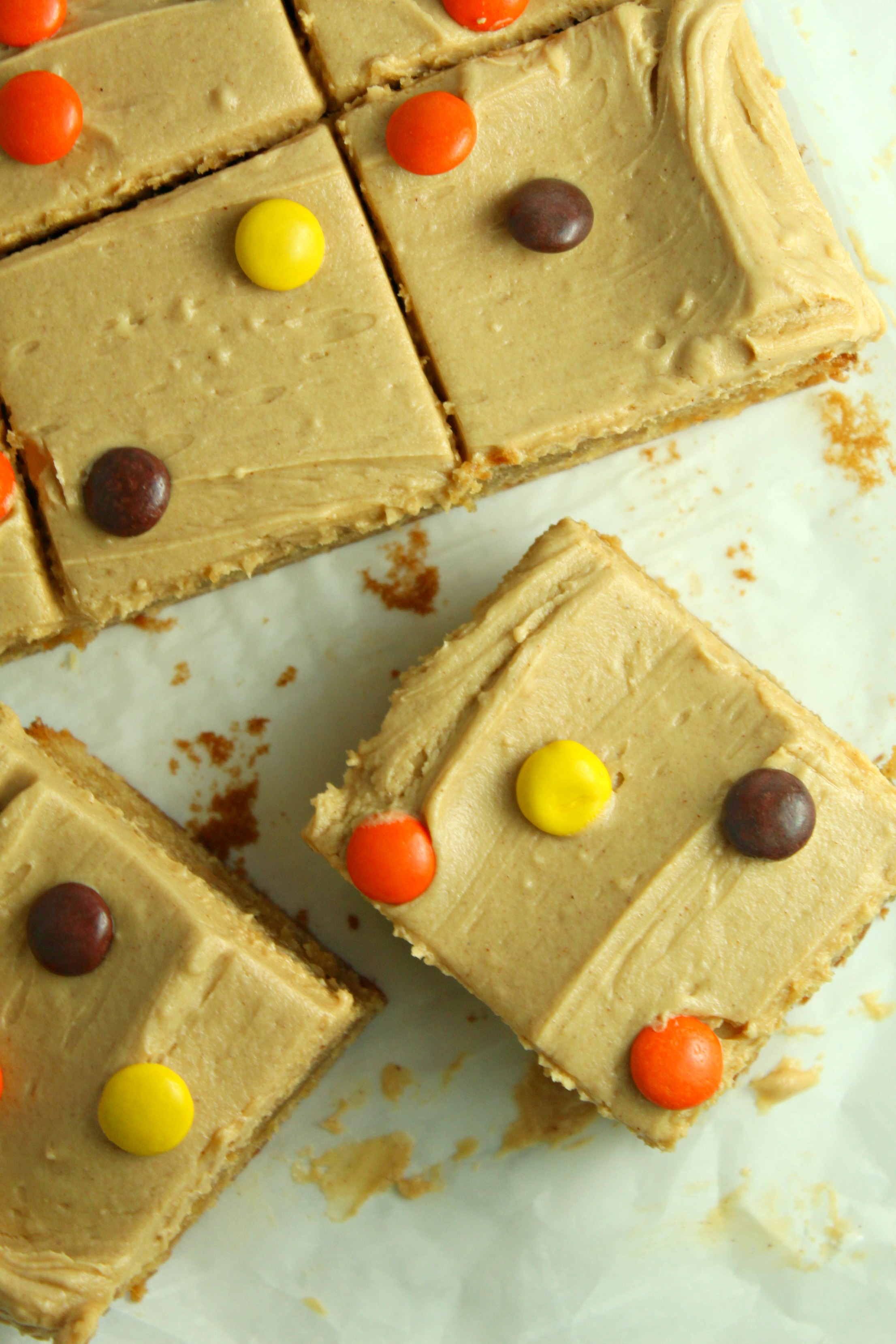 Peanut Butter Bars topped with peanut butter frosting & reeses pieces