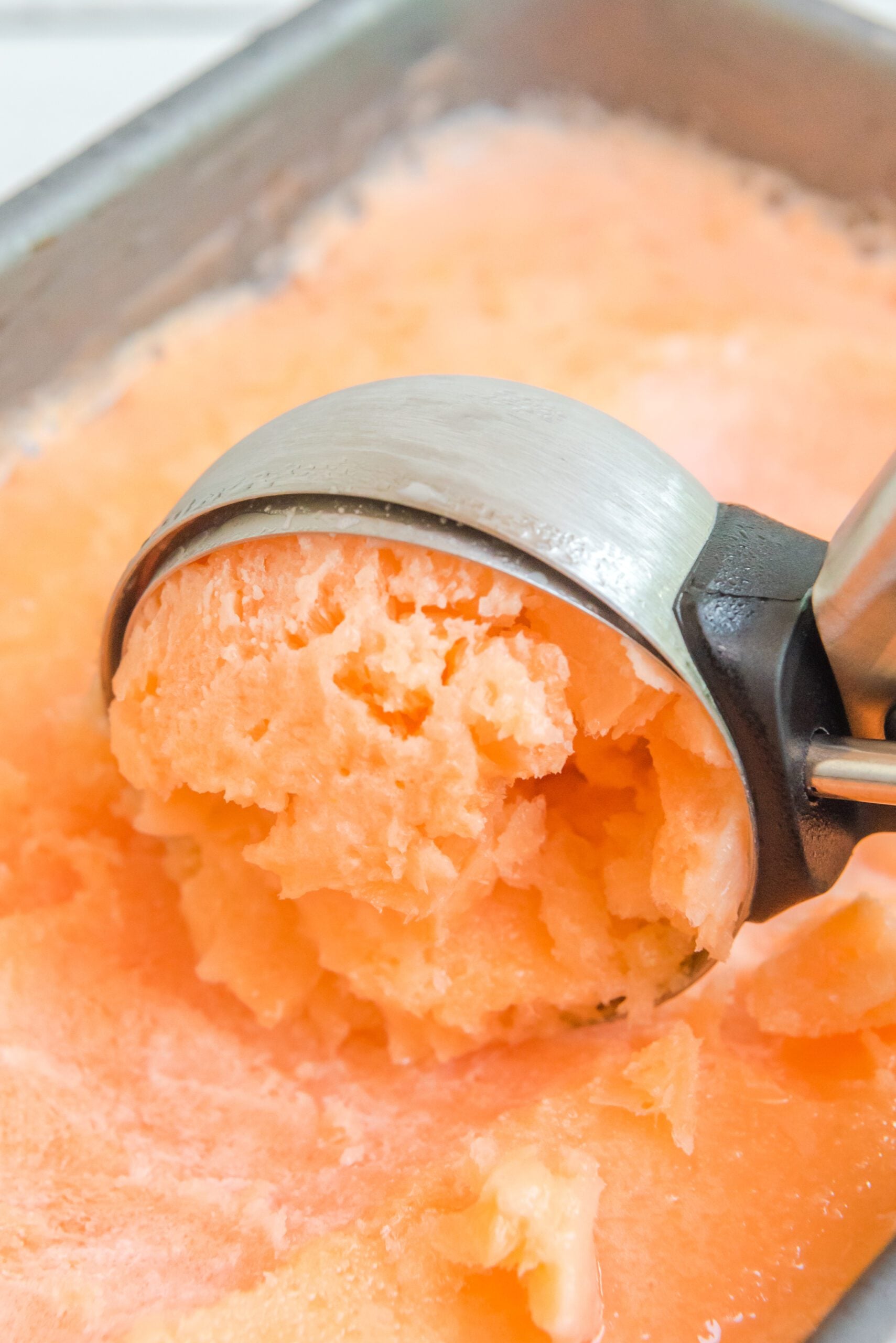 Orange Crush Sherbet in steel loaf pan being scooped by an ice cream scooper