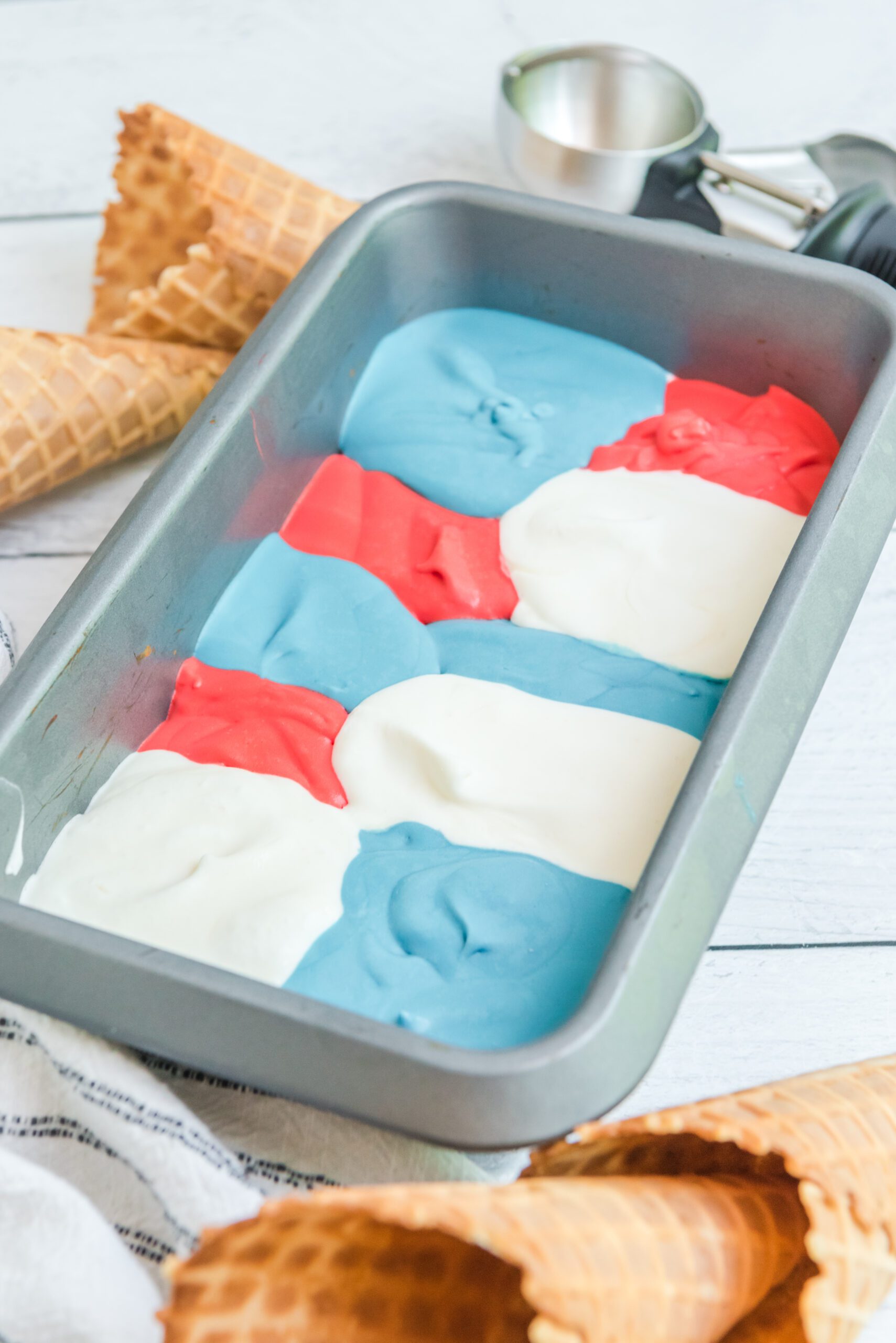 Red, White & Blue Ice Cream in a ice cream tin pan