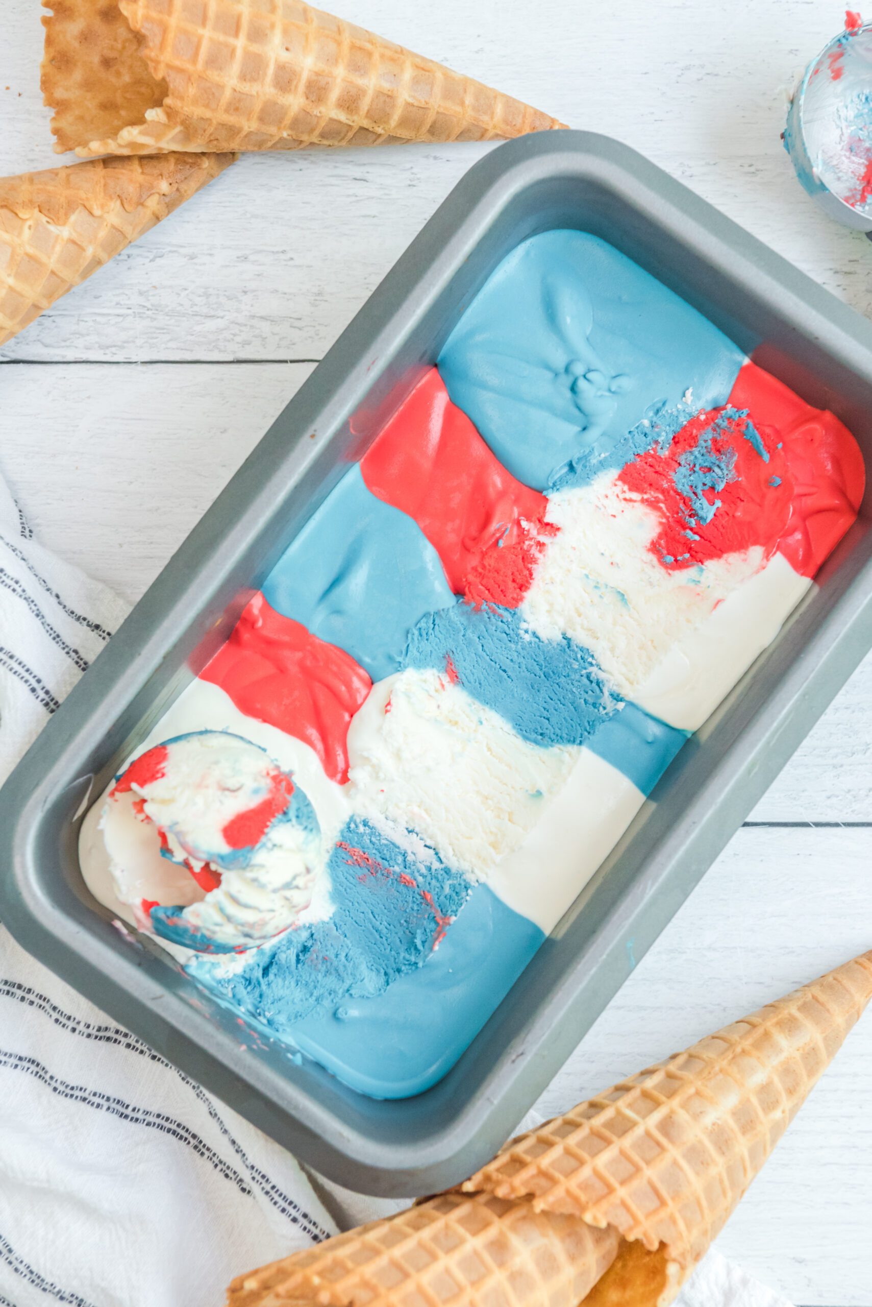 Red, White & Blue Ice Cream in a ice cream tin pan unscooped