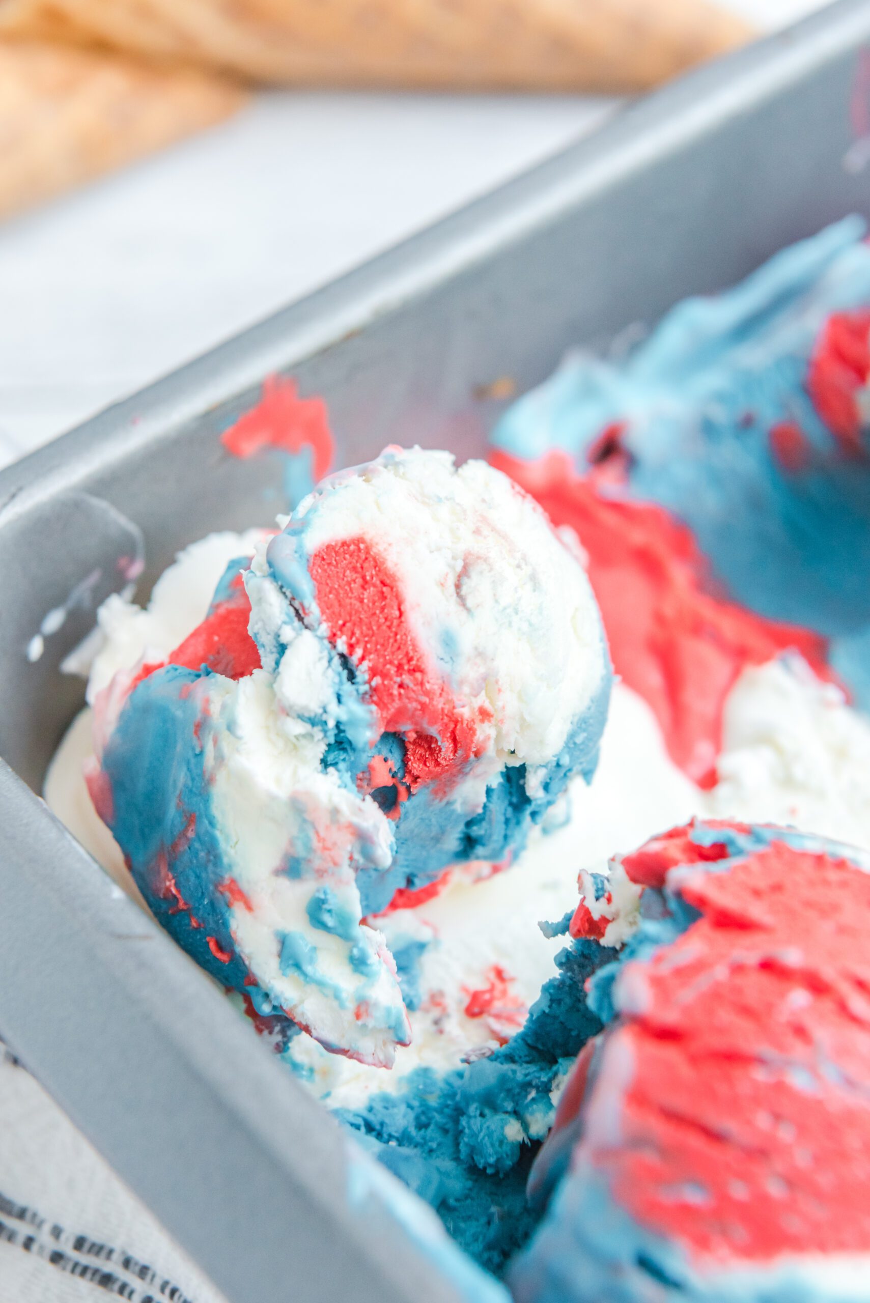 Red, White & Blue Ice Cream in a ice cream tin pan