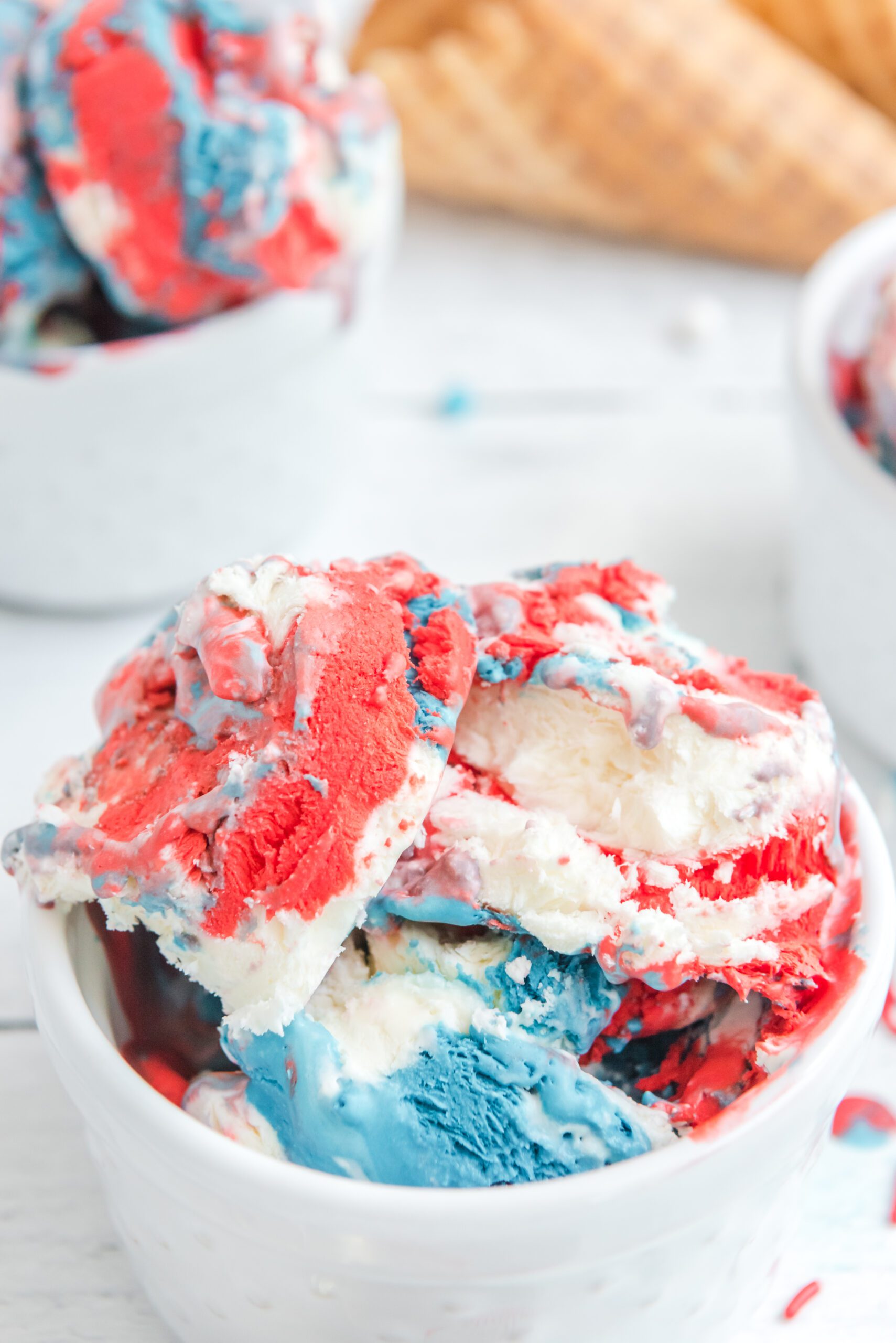 Red, White & Blue Ice Cream in a white bowl
