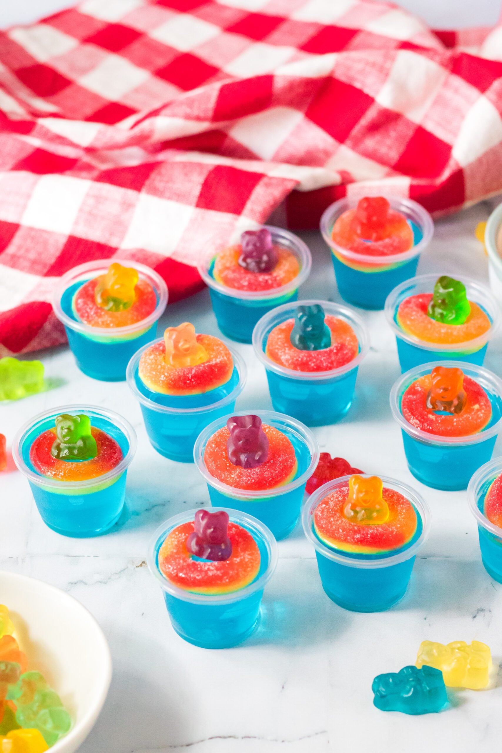Pool Party Jello Shots on whit marble