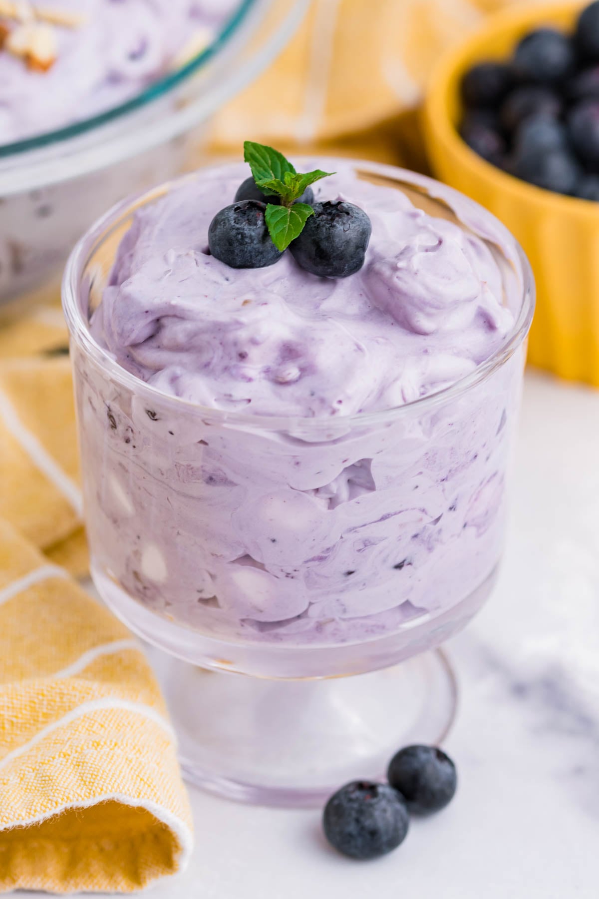 Blueberry Fluff Salad in a clear glass mini trifle