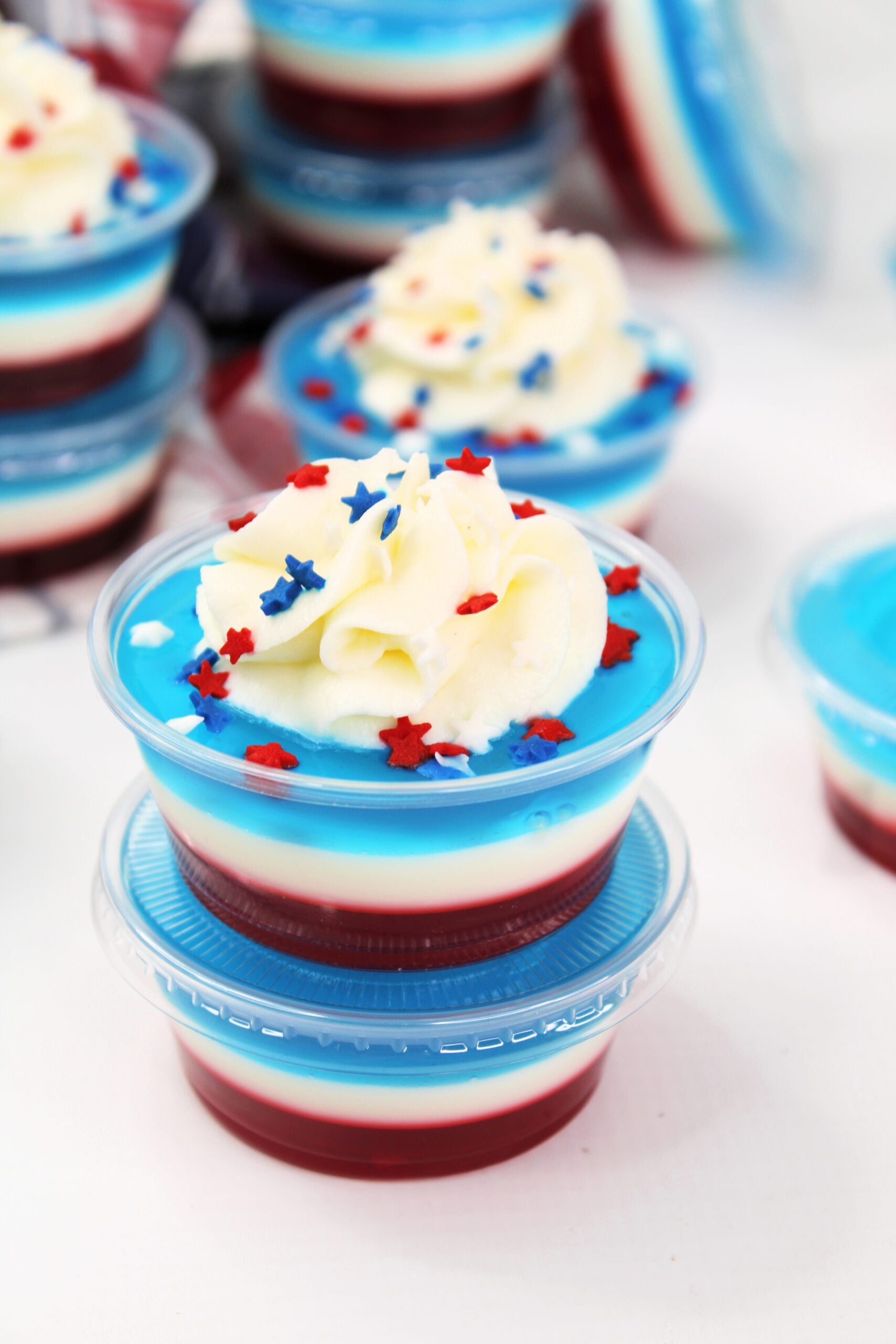 Bomb Pop Jello Shot layered red, white & blue overhead shot