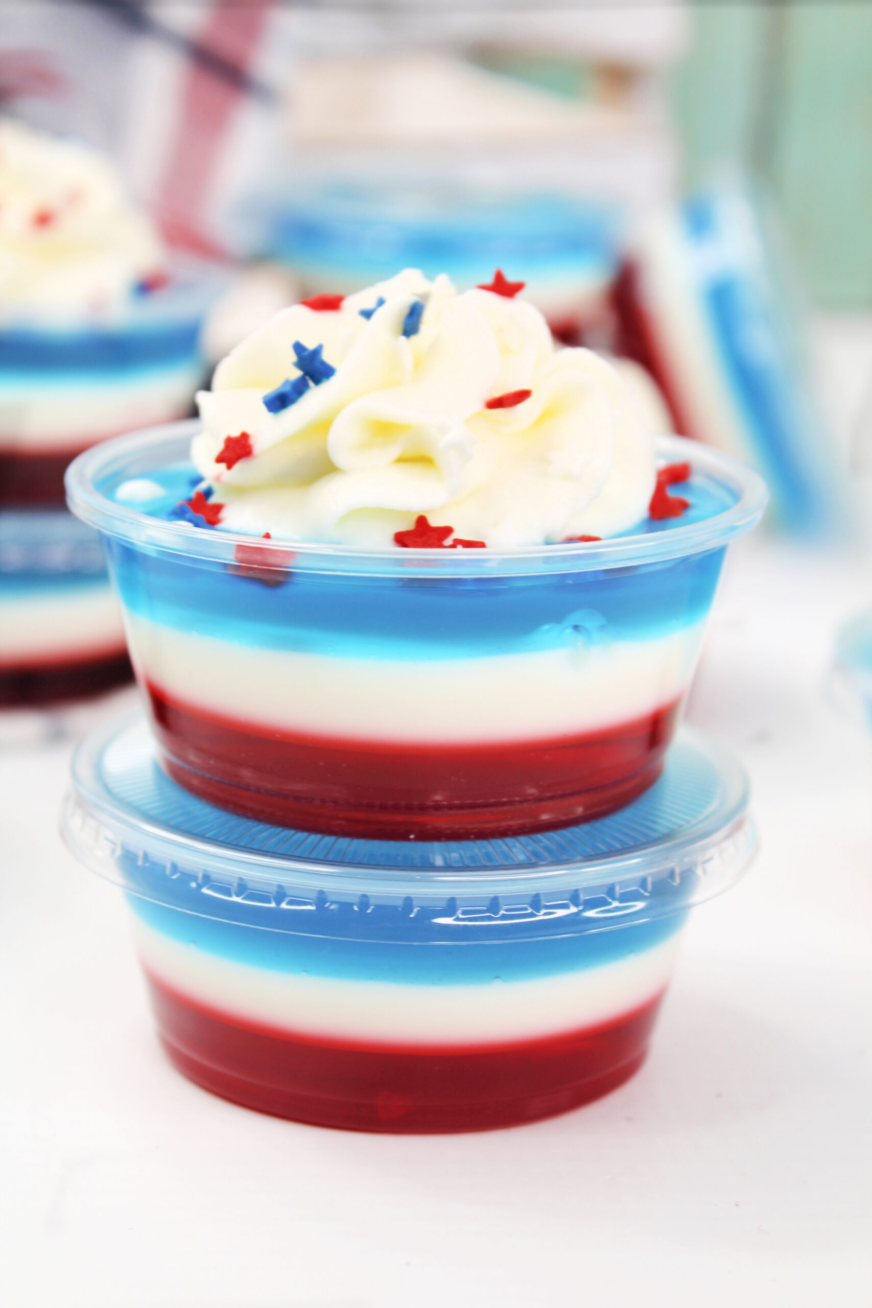 Bomb Pop Jello Shot layered red, white & blue close up