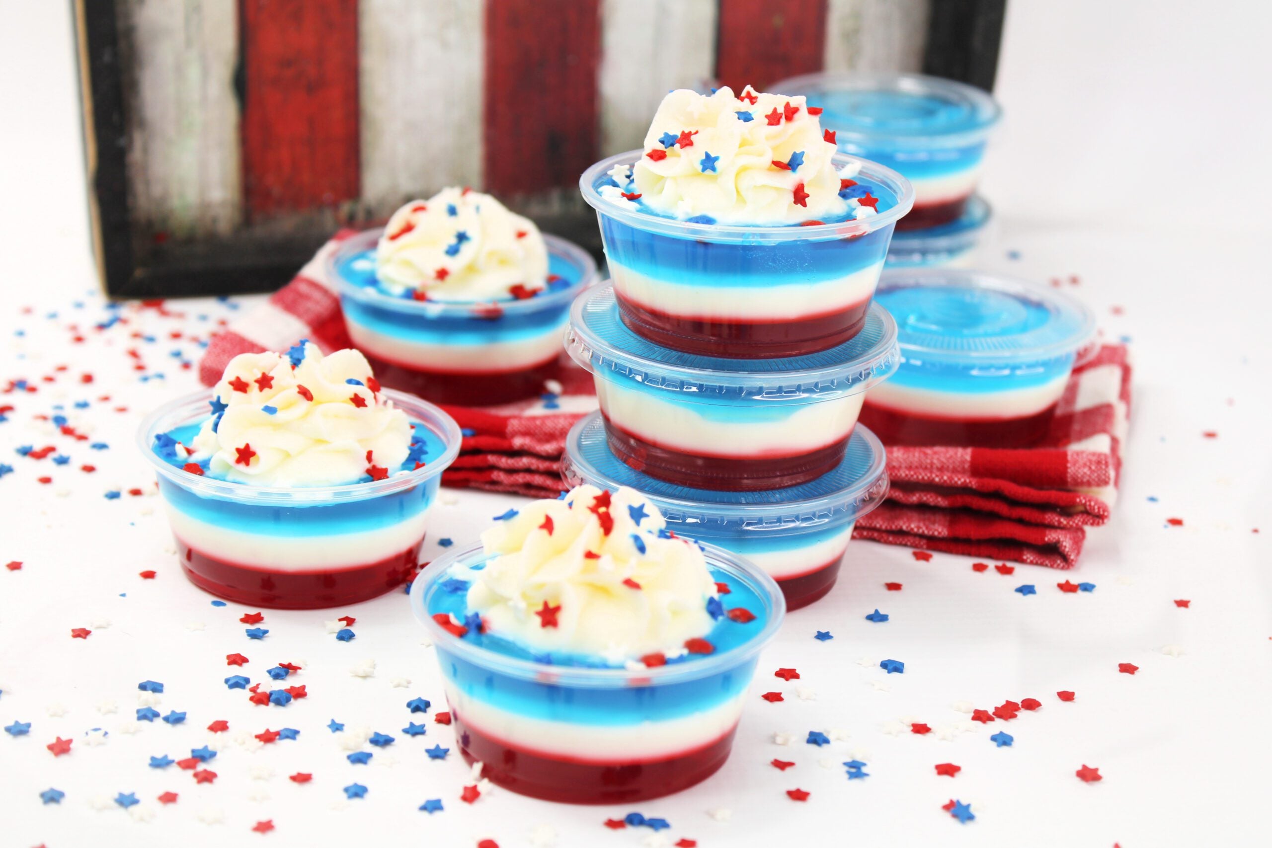 Bomb Pop Jello Shot layered red, white & blue in a bunch