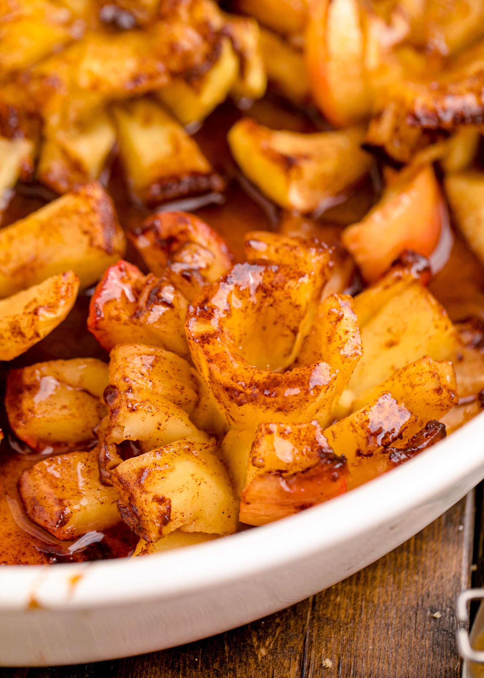 Oven Baked Bloomin Apples in a white baking dish