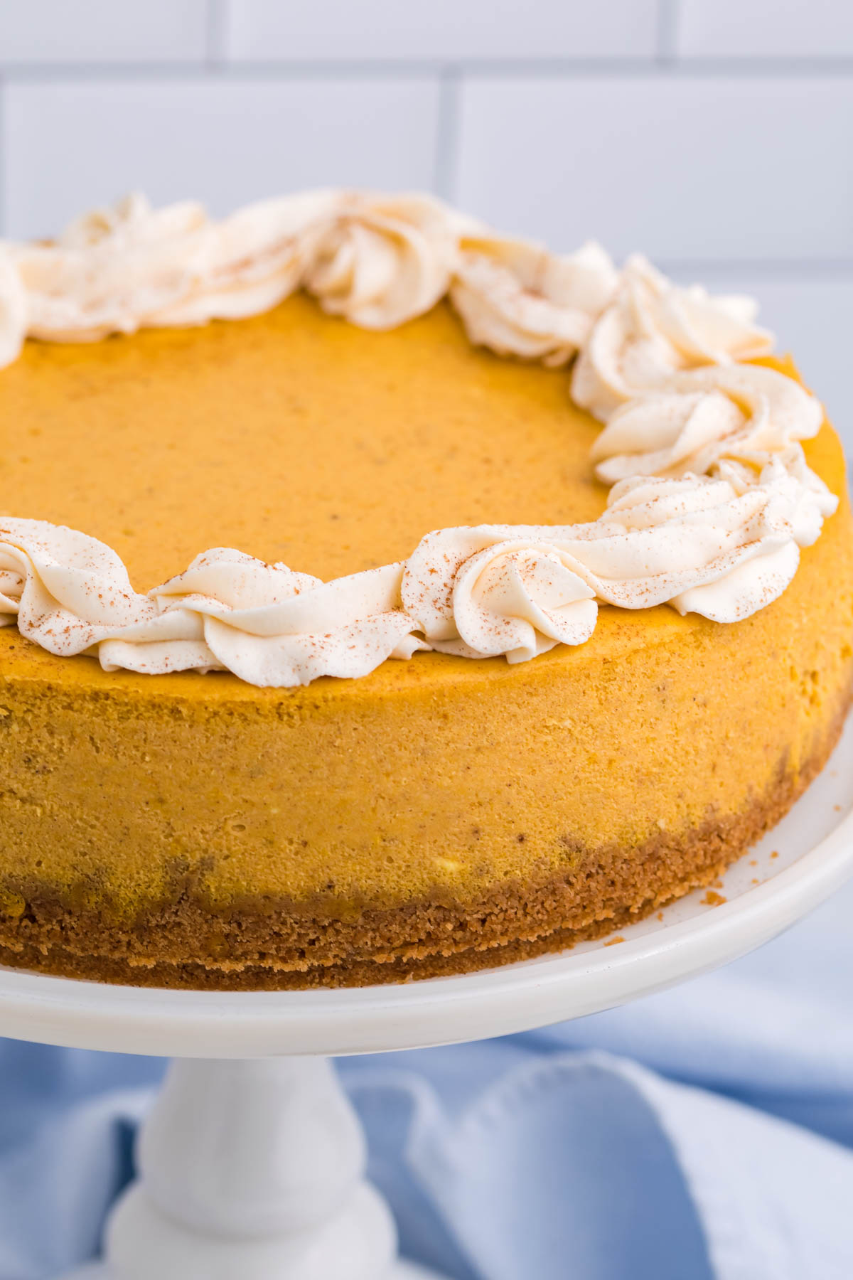 Pumpkin Cheesecake close up of the entire cheesecake uncut