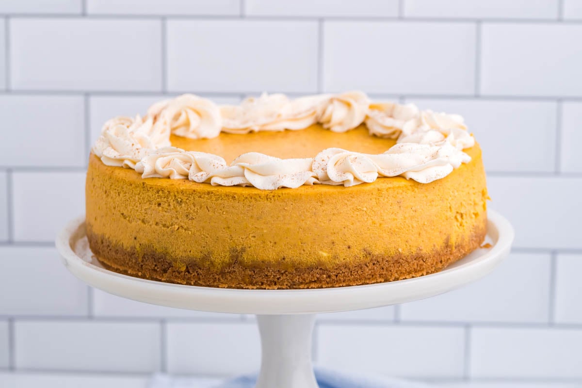 Pumpkin Cheesecake topped with whipped cream on a cake stand
