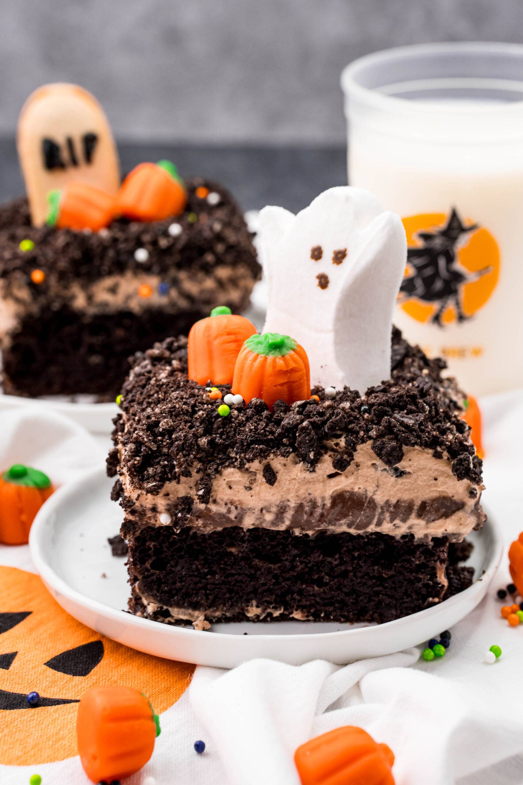 Halloween Dirt Cake slice on a white plate