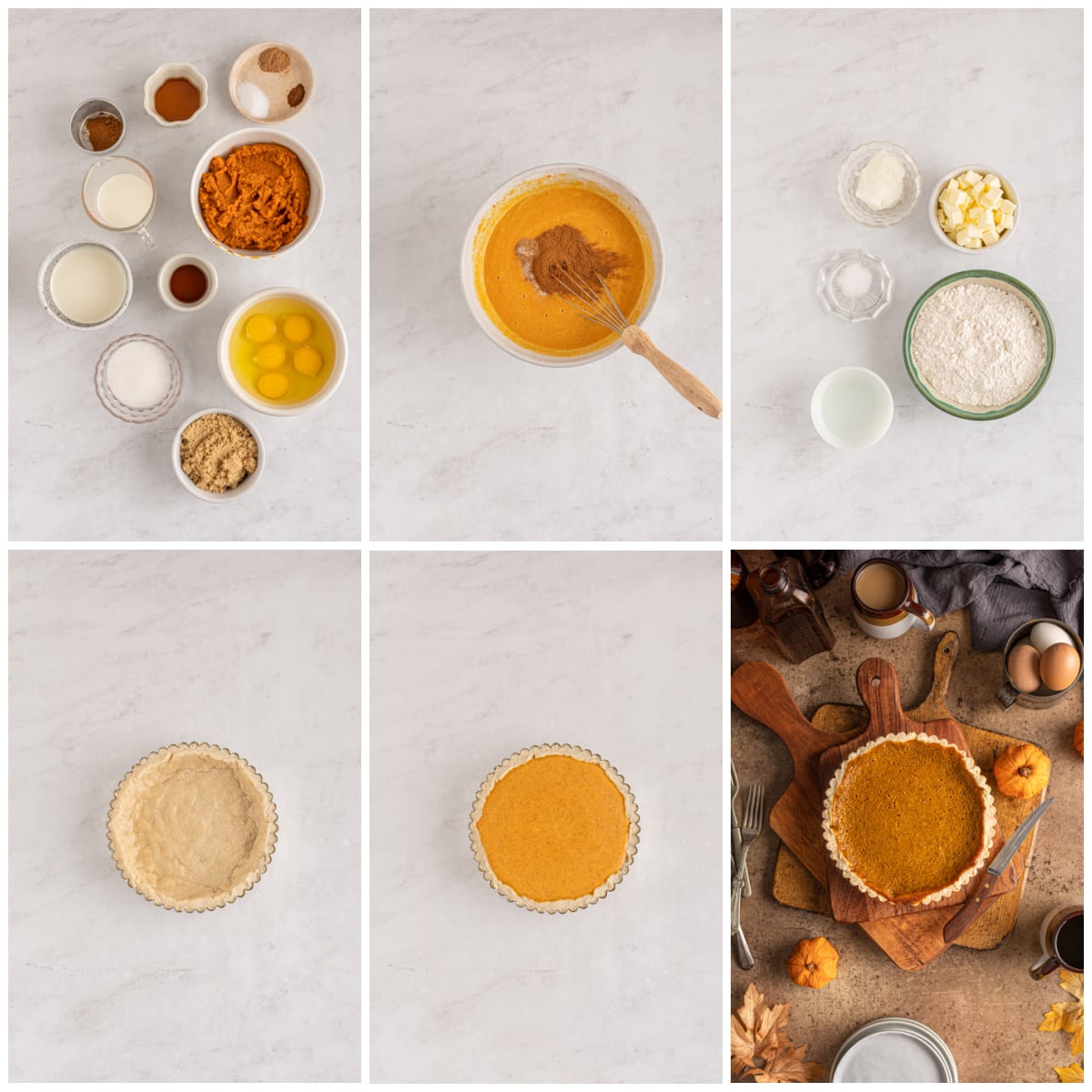 Pumpkin Pie Tart collage of pie filling ingredients and pie crust ingredients