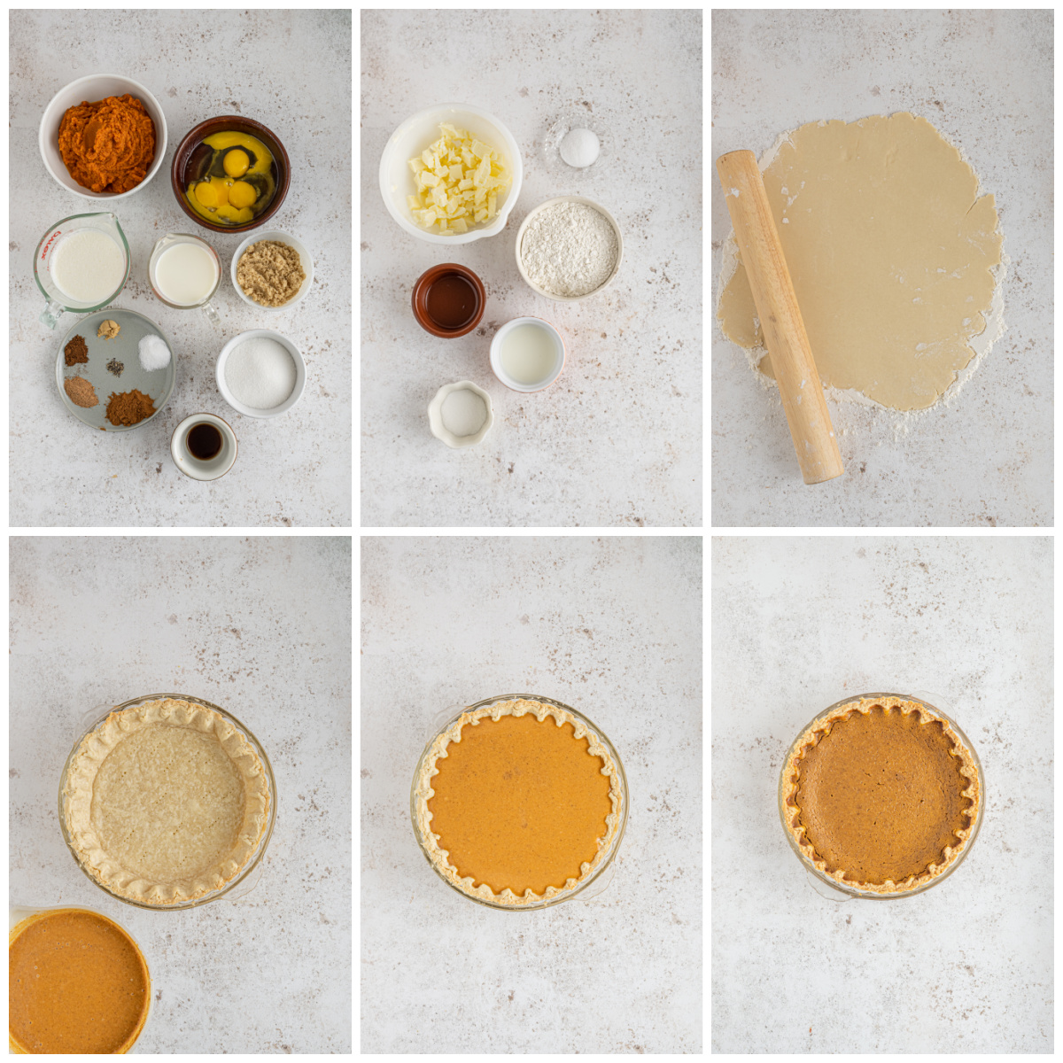 Pumpkin Custard Pie collage of ingredients and assembly of the pie