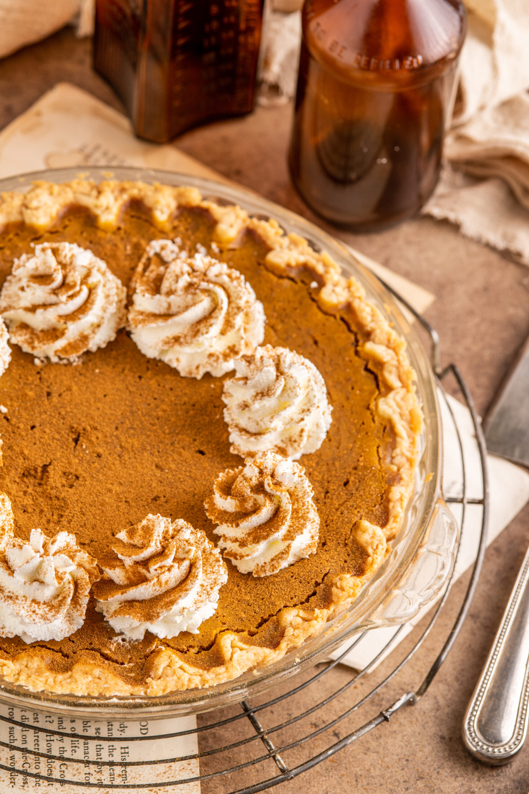 Pumpkin Custard Pie overhead shot on a wood table