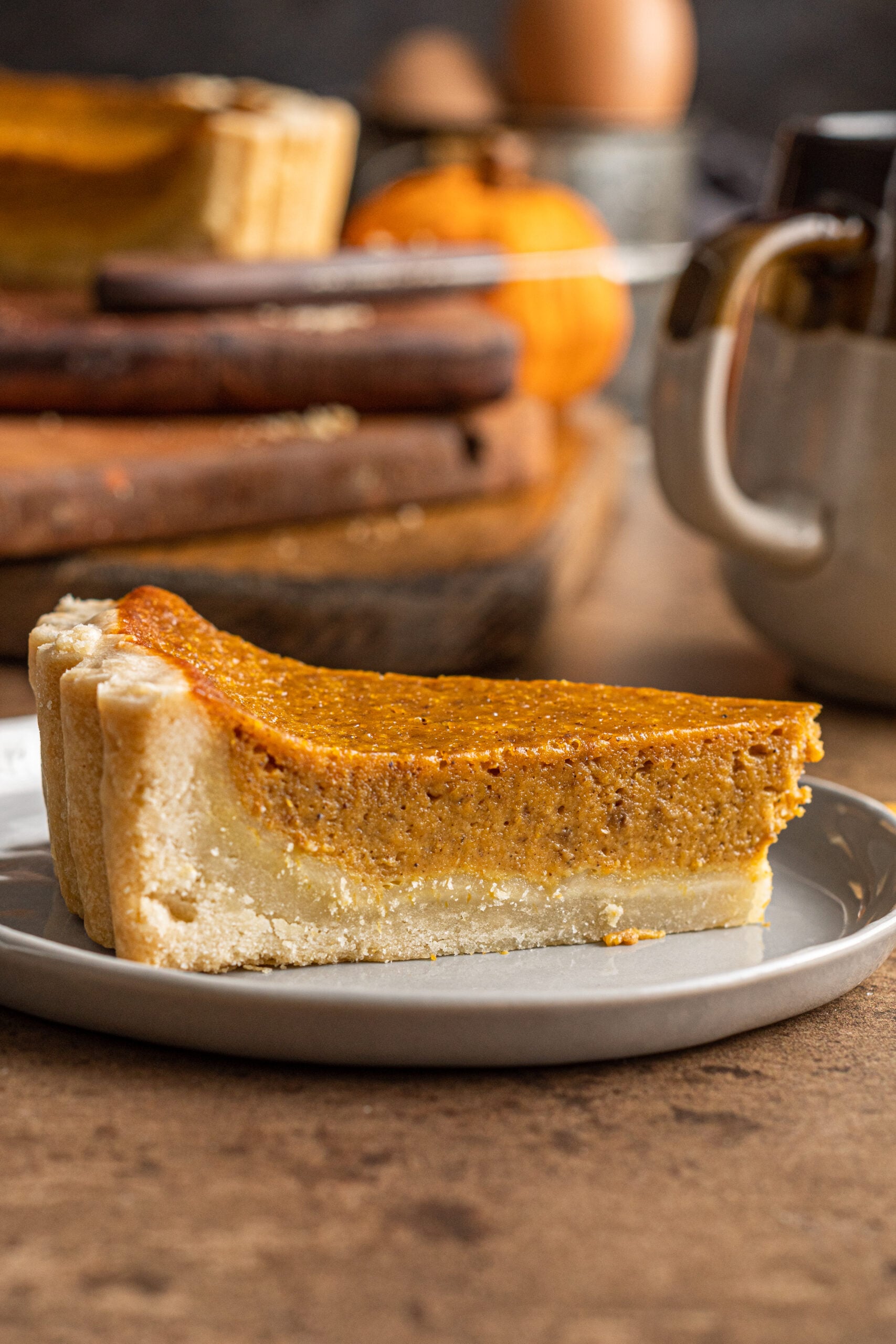 Pumpkin Pie Tart slice on a gray plate