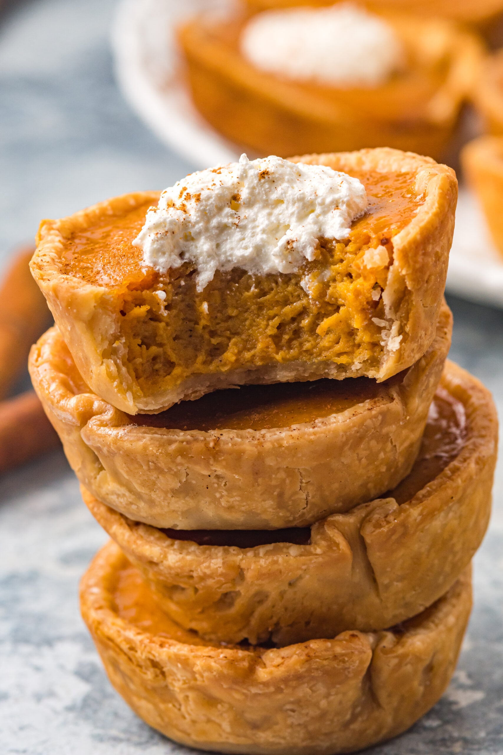 Mini Pumpkin Pies up close bite shot showing the pie texture