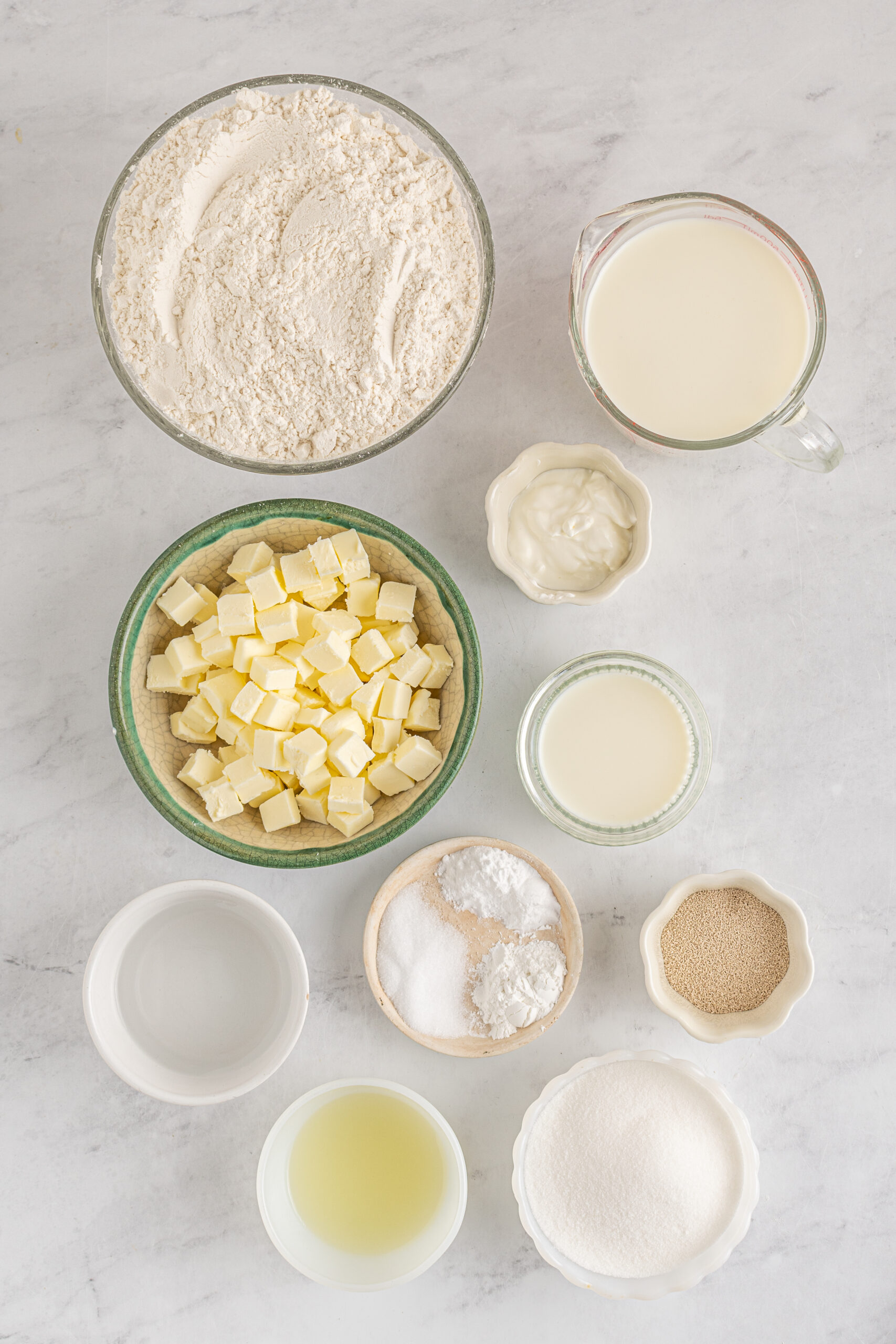 Overhead shot of the ingredients needed to make Angel Biscuits.