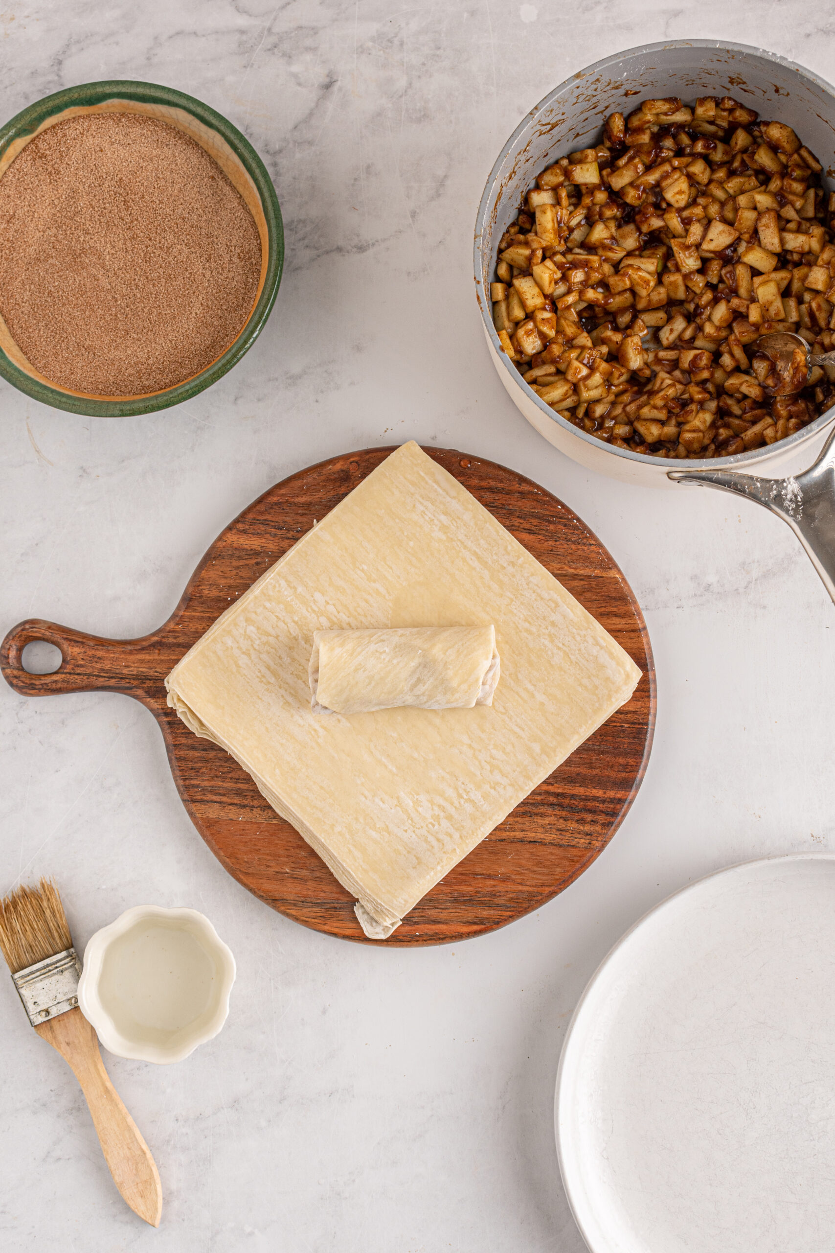 Overhead view of the wrapped apple pie egg roll.