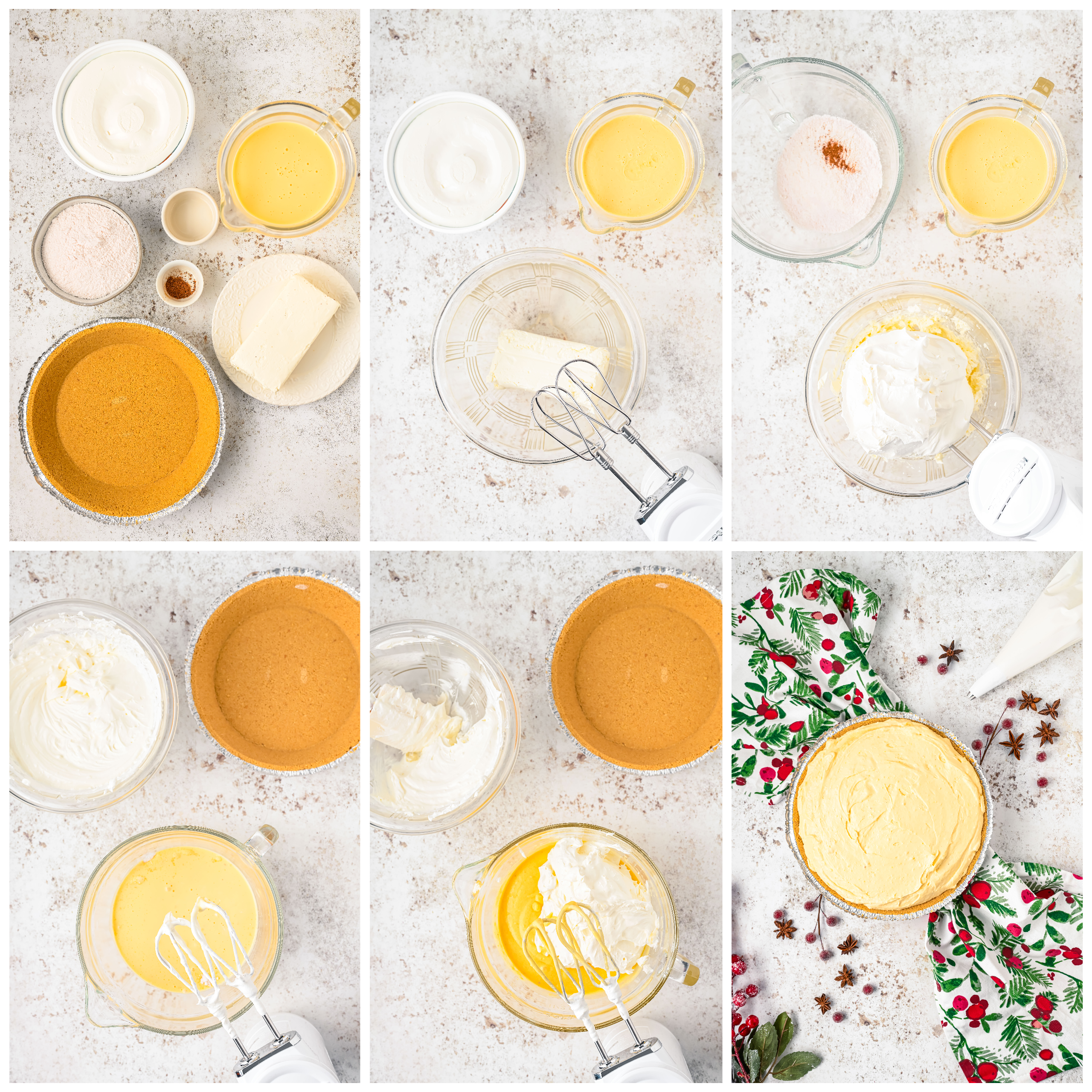 Overhead view of the steps to making Eggnog Pie.