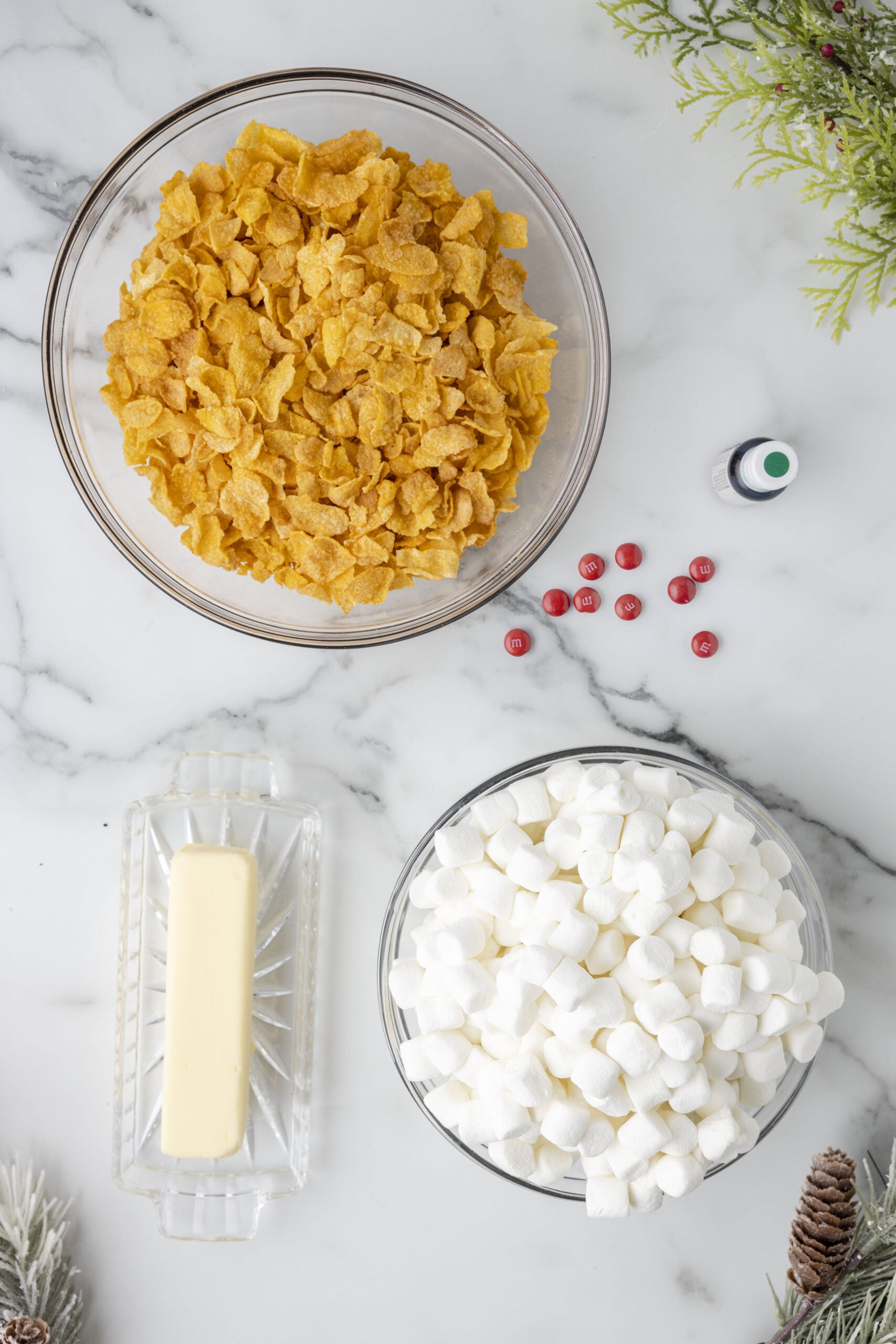 Overhead view of ingredients needed to make cornflake wreaths.