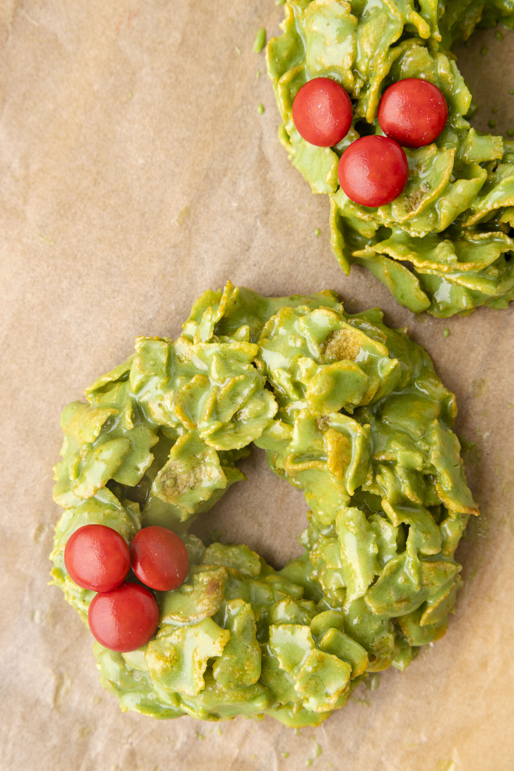 Overhead view of no bake Christmas wreaths.