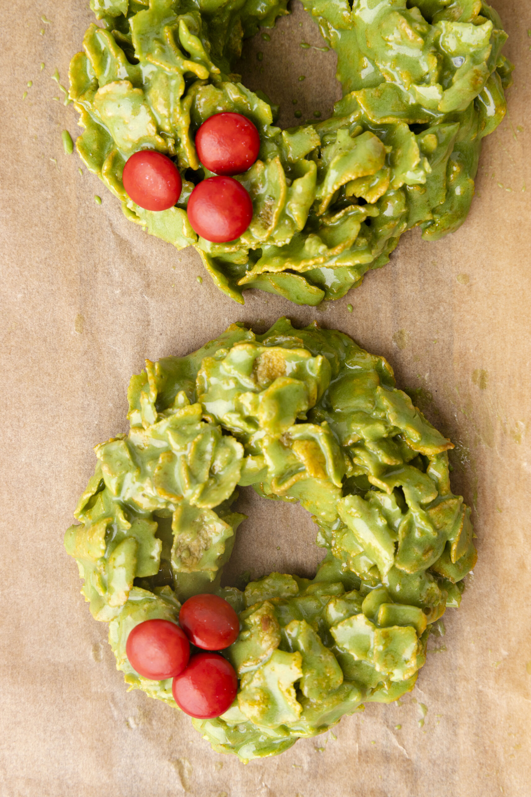 Overhead view of no bake Christmas wreaths.