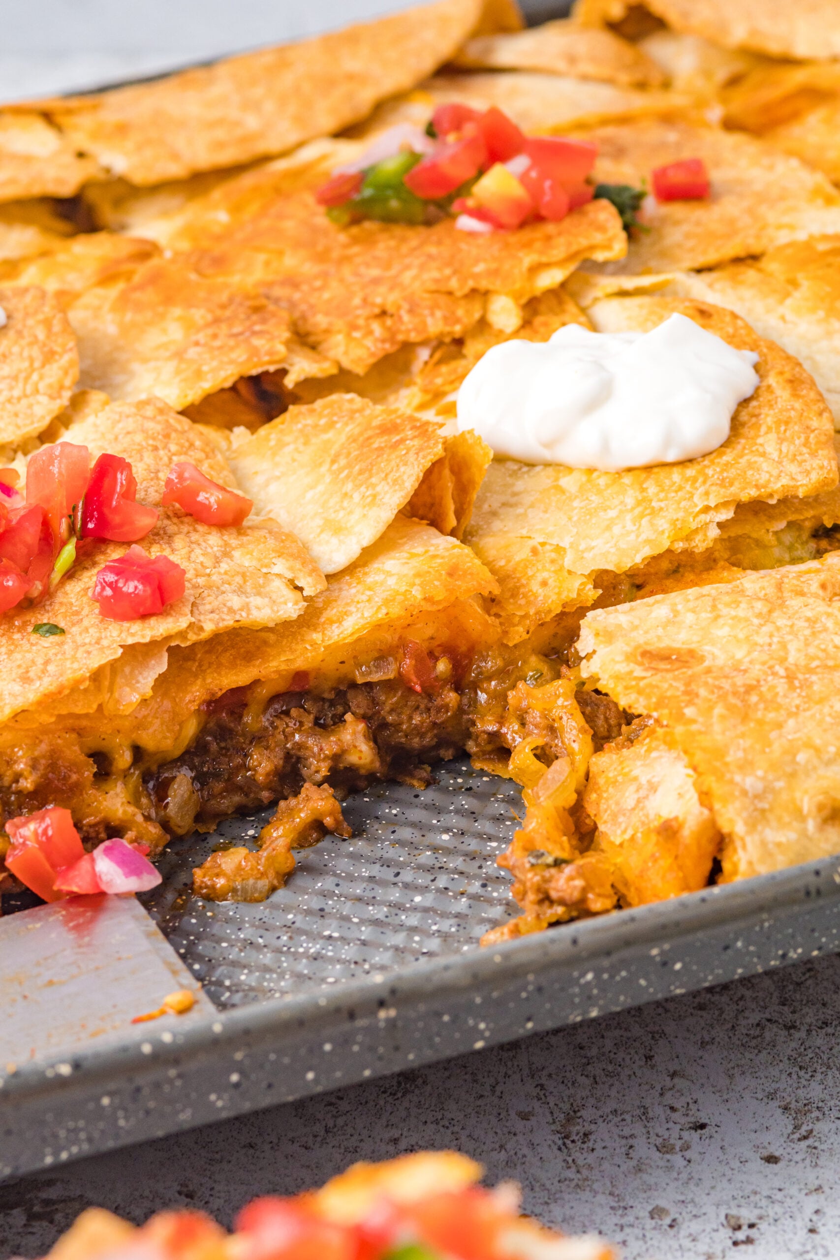 Shot of the inside of the sheet pan tacos. 