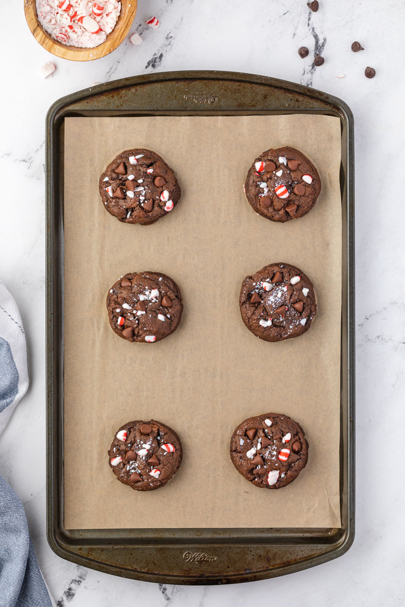Overhead shot of the finished cookies on a baking sheet. 