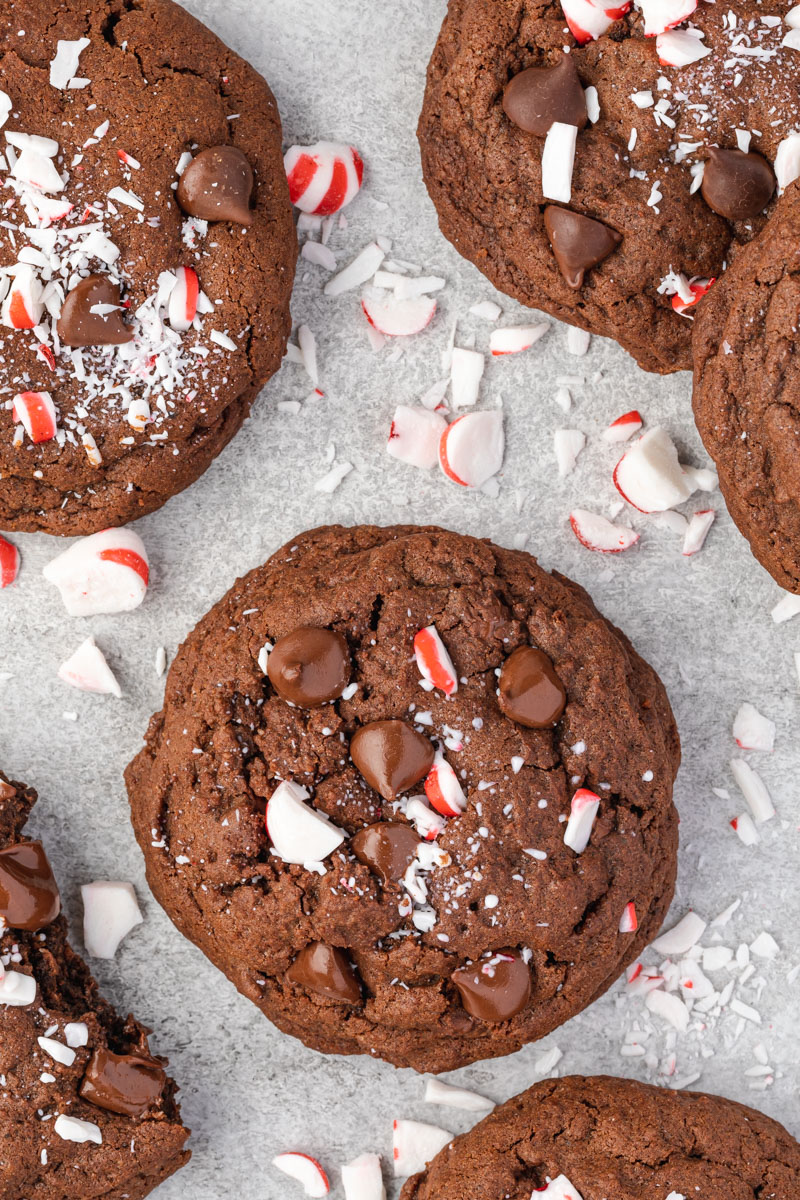 Overhead shot of a cookie topped with chocolate chips and crushed peppermint. 