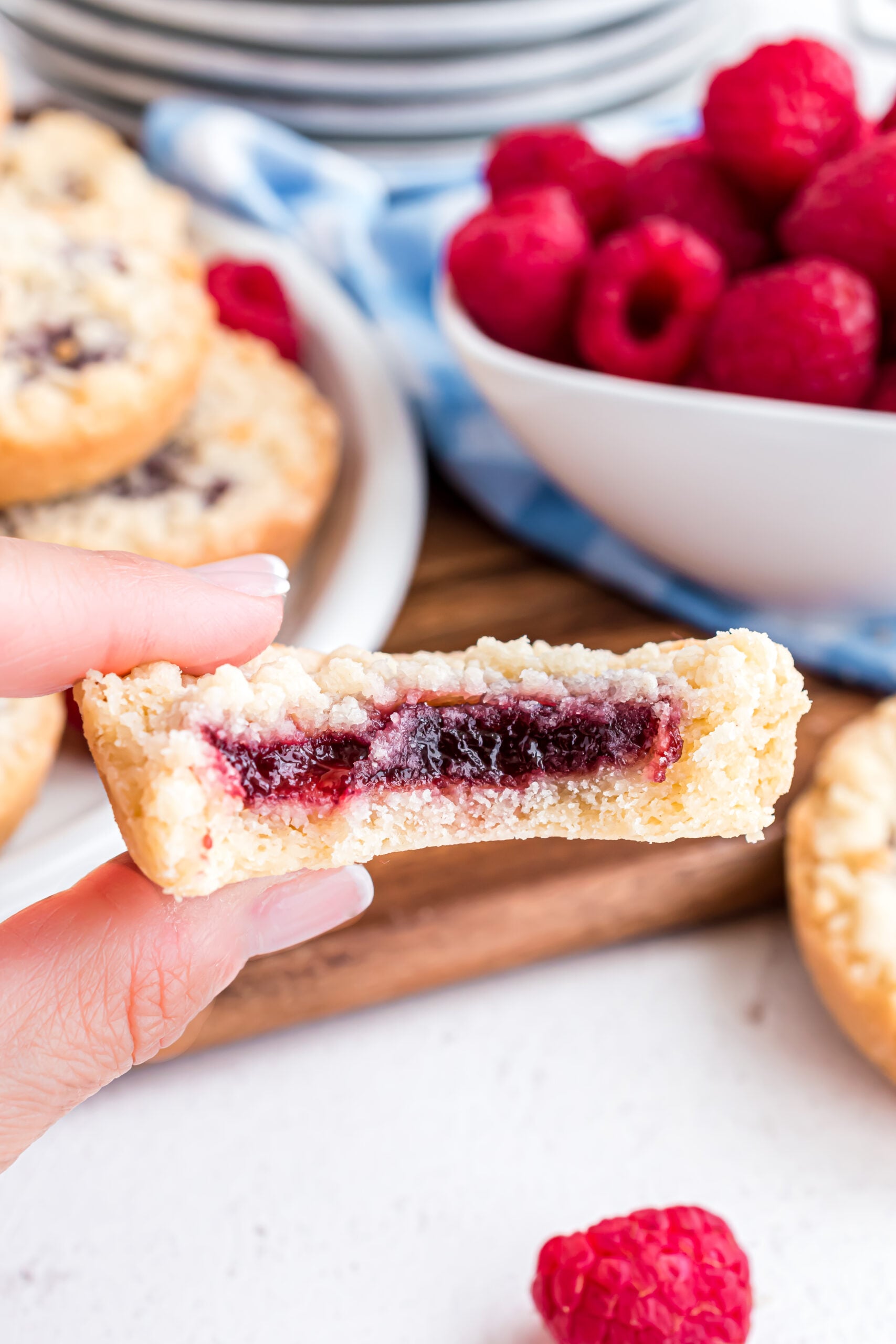 close up shot of the inside of a raspberry cookie