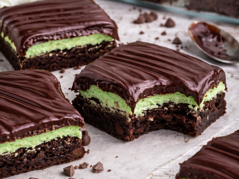 3 mint chocolate brownies on a white table