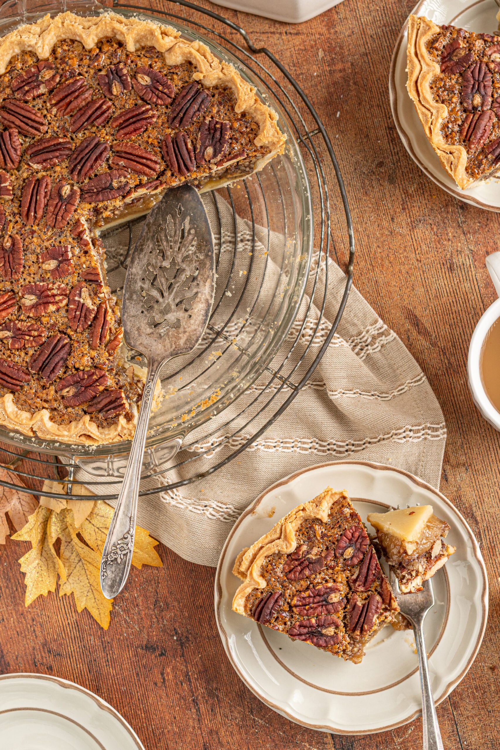 Overhead view of cut pecan pie.