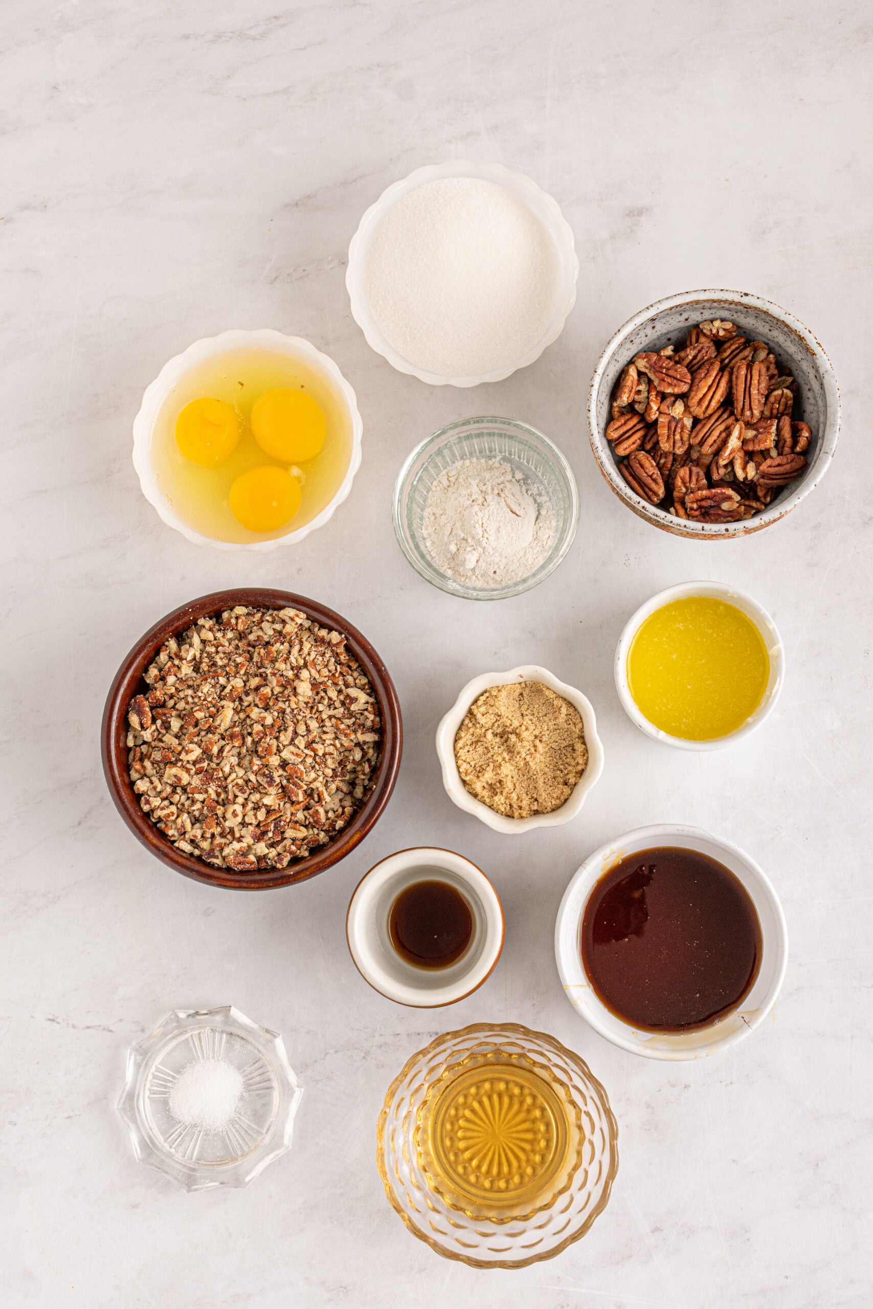 Overhead view of ingredients needed for this pecan pie recipe.