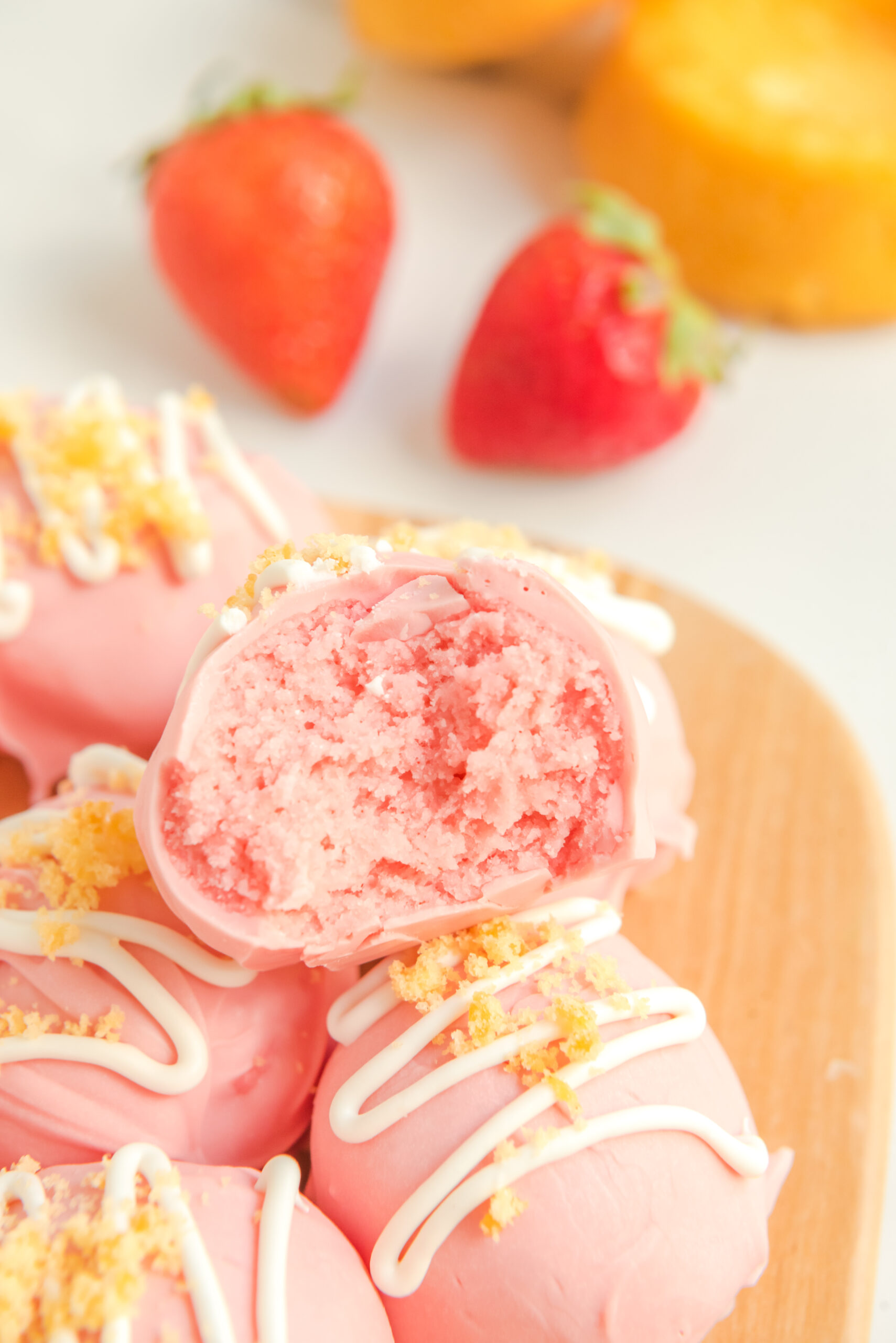 Close up of the center of a strawberry truffle. 