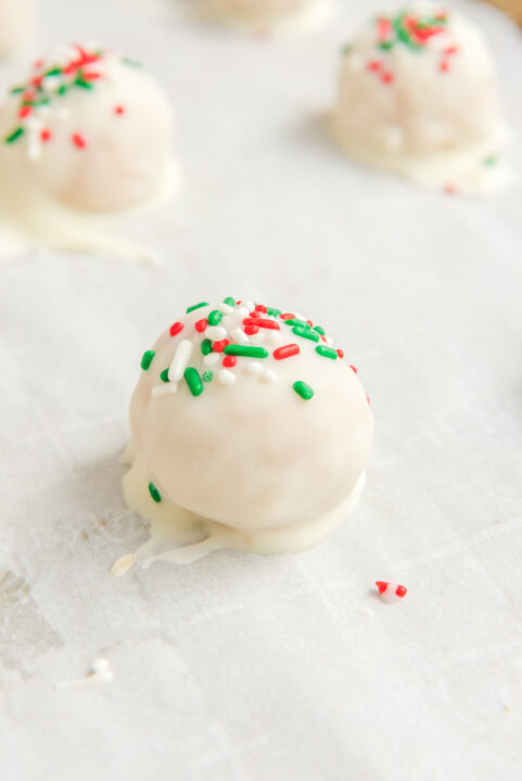 A photo of the final truffles topped with red, green, and white sprinkles.