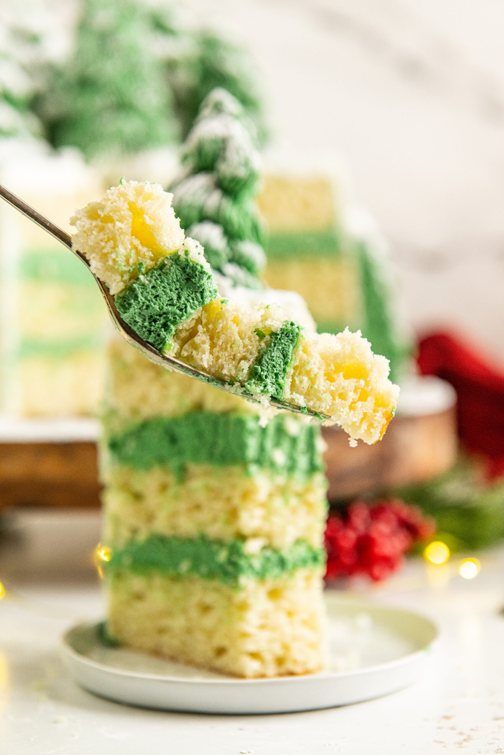 A close up shot of a bite of the Christmas Tree Cake.
