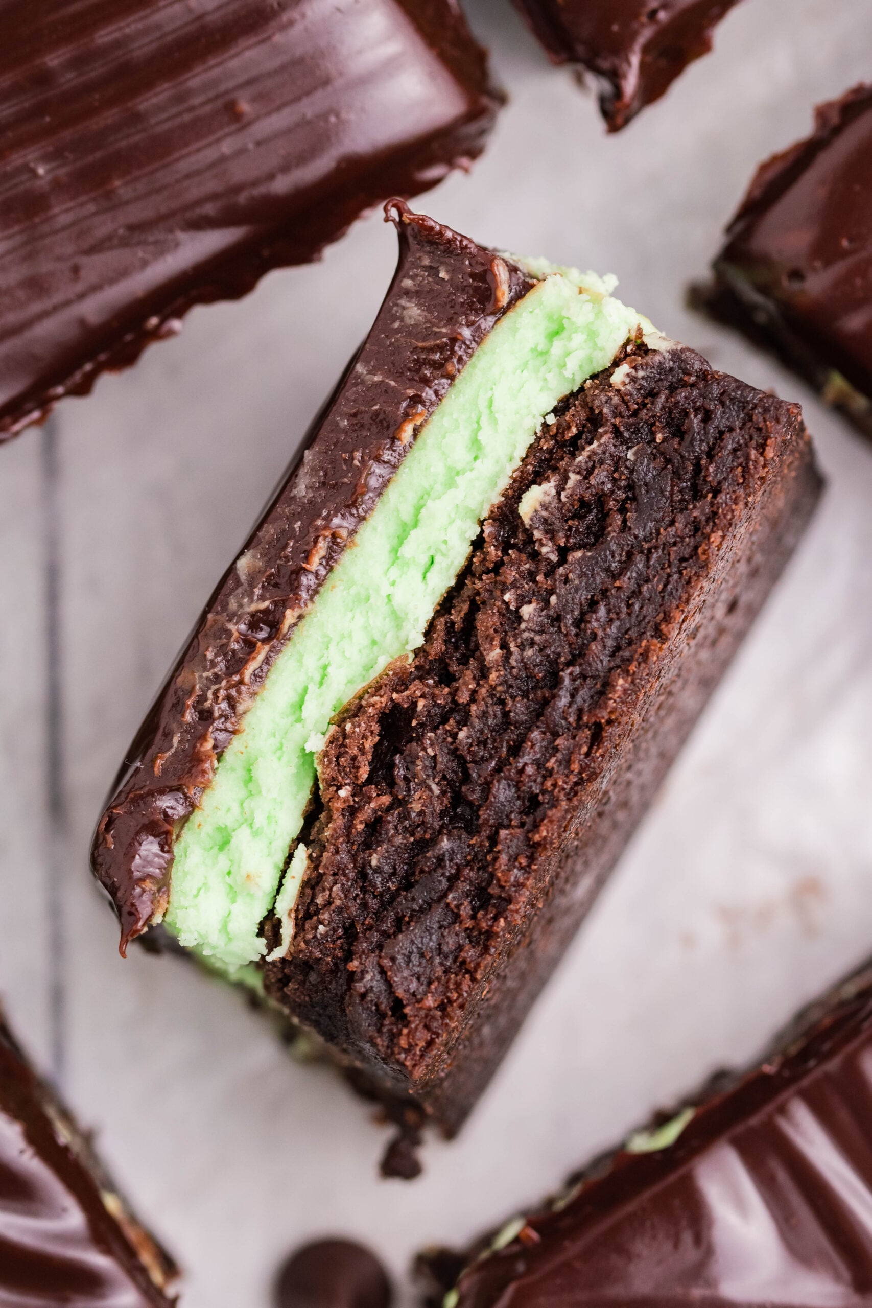 Up close view of the three distinct layers of the chocolate mint brownies.