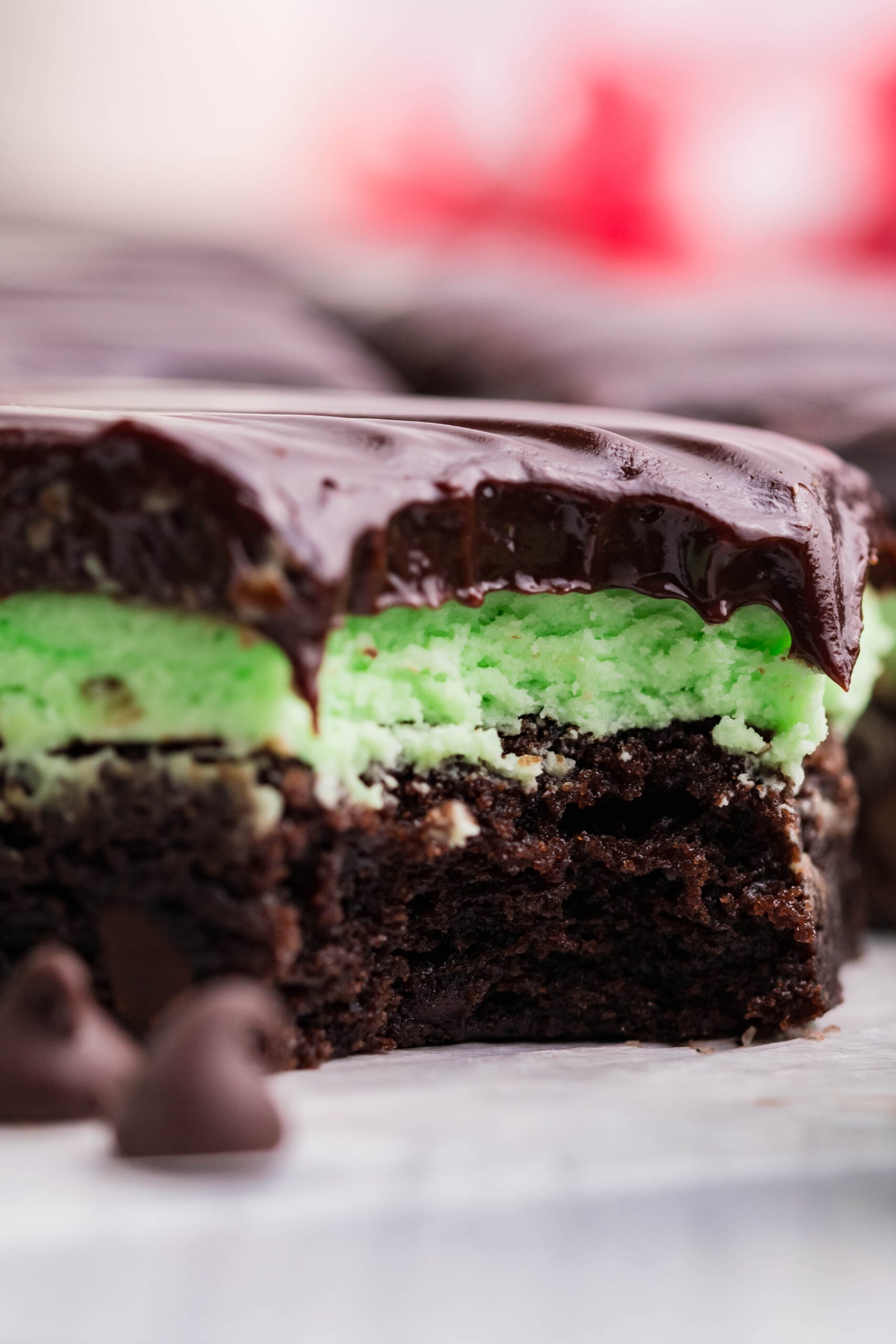 Up close view of the three layers of the mint chocolate brownies.
