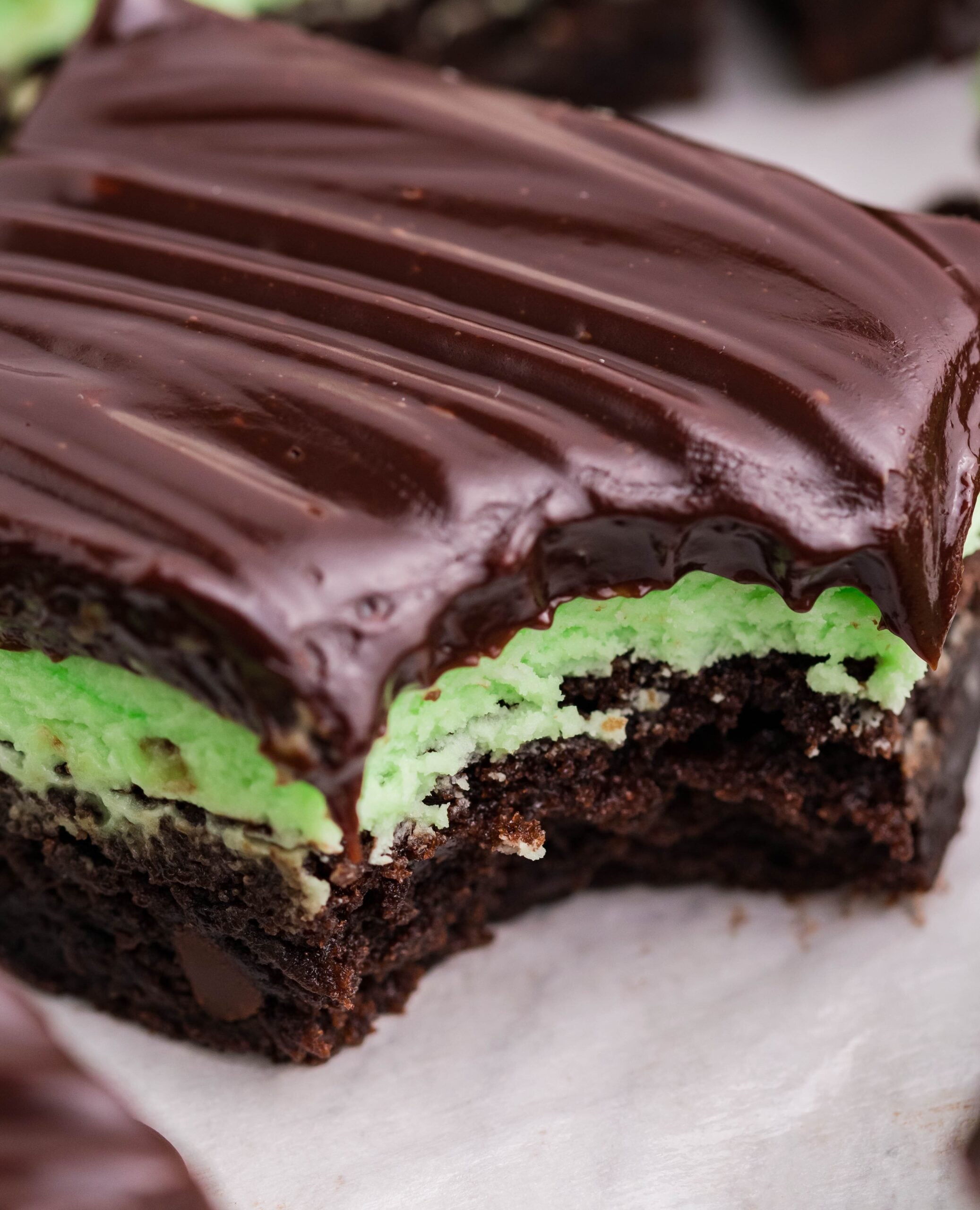 Up close view of the three layers of the mint chocolate brownies.