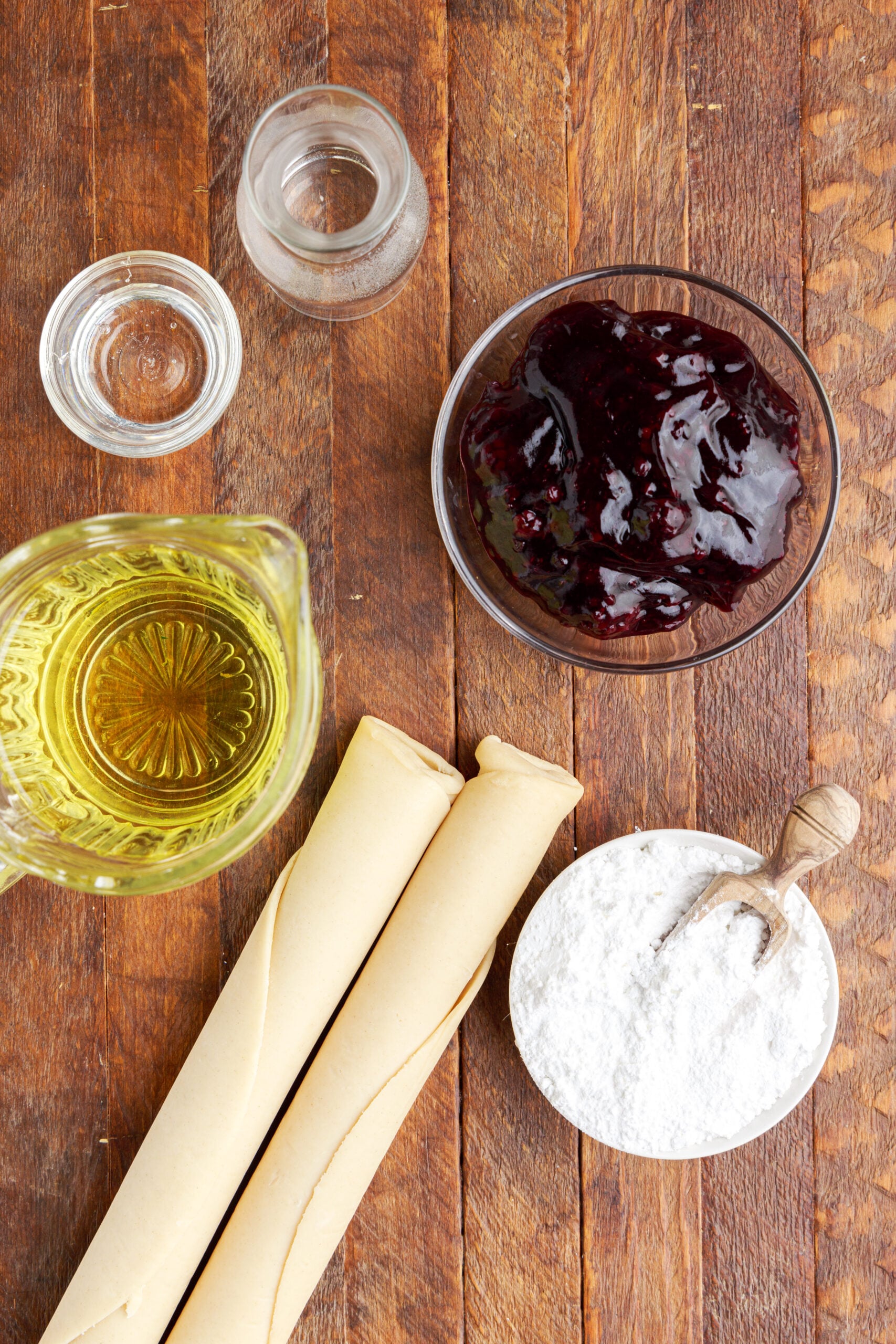 Overhead shot of ingredients needed to create this blackberry hand pie recipe. 