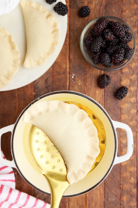 An overhead view of the finished, unbaked, hand pie. 