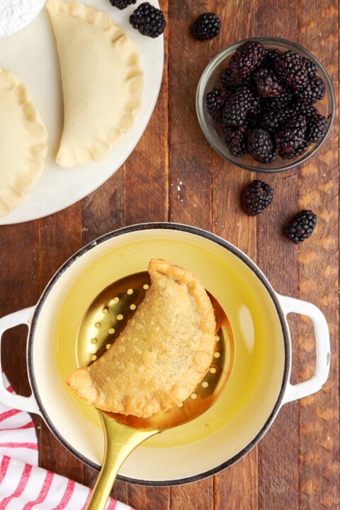 An overhead view of the finished, baked, hand pie. 