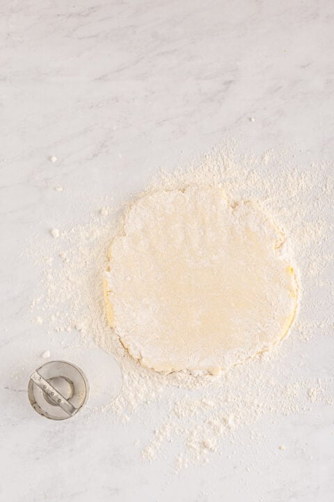 overhead shot of the dough rolled out ready to be cut.