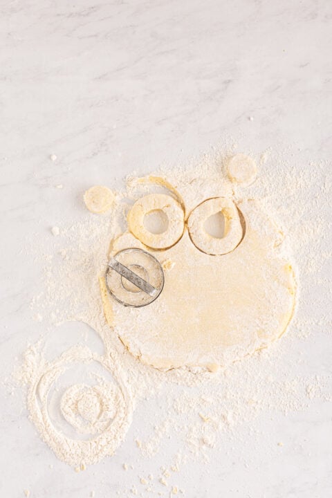 Overhead shot of the dough being cut into circles.