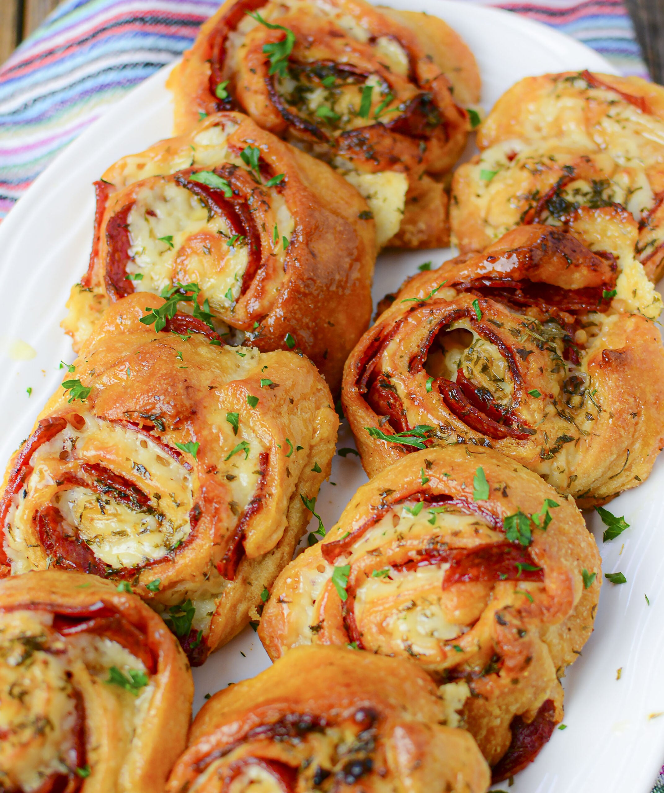 Overhead shot of pizza pinwheels.