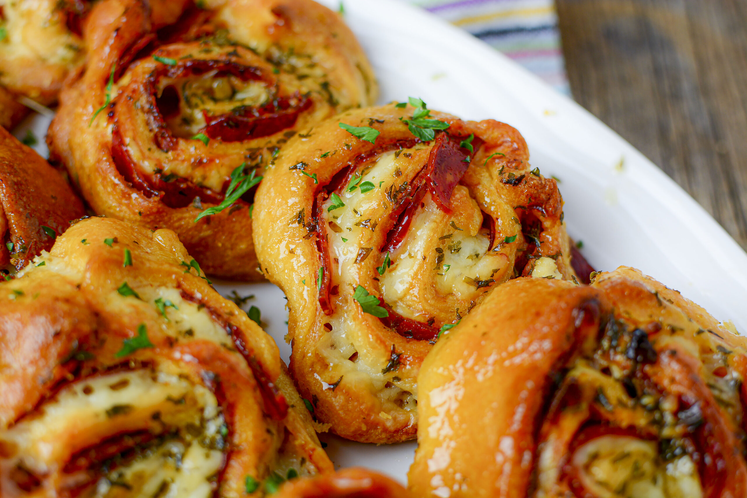 Overhead shot of pizza pinwheels.