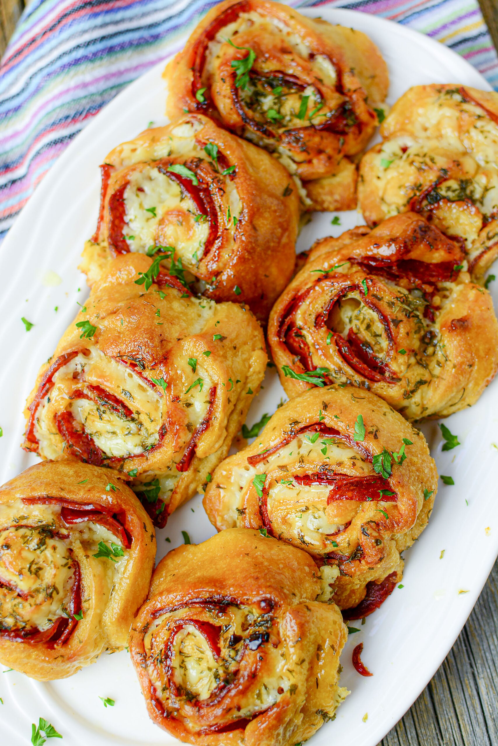 Overhead shot of pizza pinwheels.