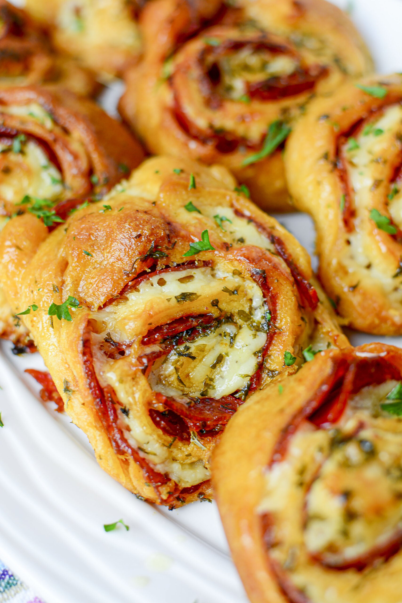 Overhead shot of pizza pinwheels.